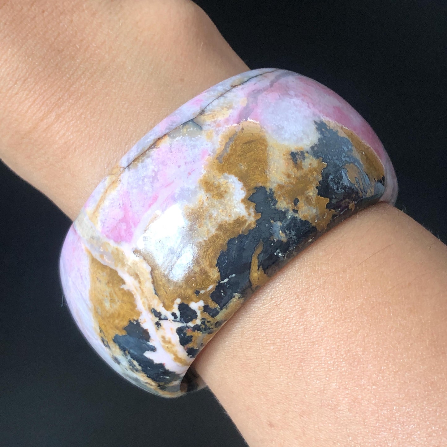 56.5mm Natural Rhodonite Stone Crystal Bangle | Dancing Flame | Golden Maple | Gold Yellow & Baby Pink Scenery Bracelet | Heart Chakra Healing Stone Gift for her, wide stone bangle, raw stone bangle, pink gemstone bracelet, pink rock bangle for women, rhodonite jewelry pink stone bangle Love Stone Meditative Stone Birthstone Bracelet Gesmstone bangle Maple Bracelet Vinatge Stone Bangle Antique Stone Bangle