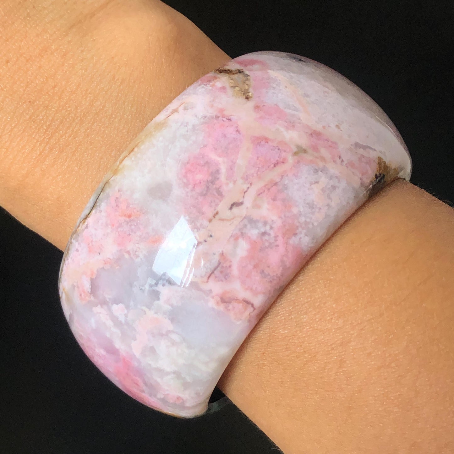 56.5mm Natural Rhodonite Stone Crystal Bangle | Dancing Flame | Golden Maple | Gold Yellow & Baby Pink Scenery Bracelet | Heart Chakra Healing Stone Gift for her, wide stone bangle, raw stone bangle, pink gemstone bracelet, pink rock bangle for women, rhodonite jewelry pink stone bangle Love Stone Meditative Stone Birthstone Bracelet Gesmstone bangle Maple Bracelet Vinatge Stone Bangle Antique Stone Bangle