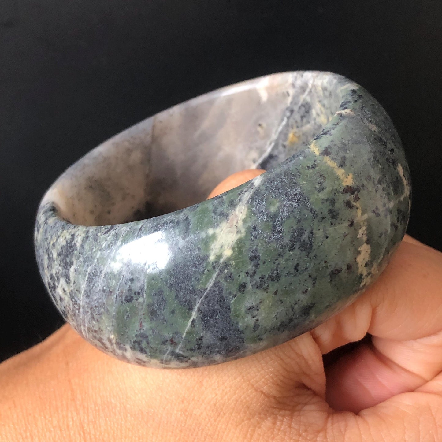 58.9mm Natural Rhodonite Stone Crystal Bangle| Gray Sesame | Ice Gray Stone & Deep Green Stone Bracelet | Heart Chakra Healing Stone Gift for her, wide stone bangle, raw stone bangle, green gemstone bracelet, green rock bangle for women, rhodonite jewelry grey stone bangle Love Stone Meditative Stone Birthstone Bracelet Gesmstone bangle Vintage Stone Bangle Antique Stone Bangle