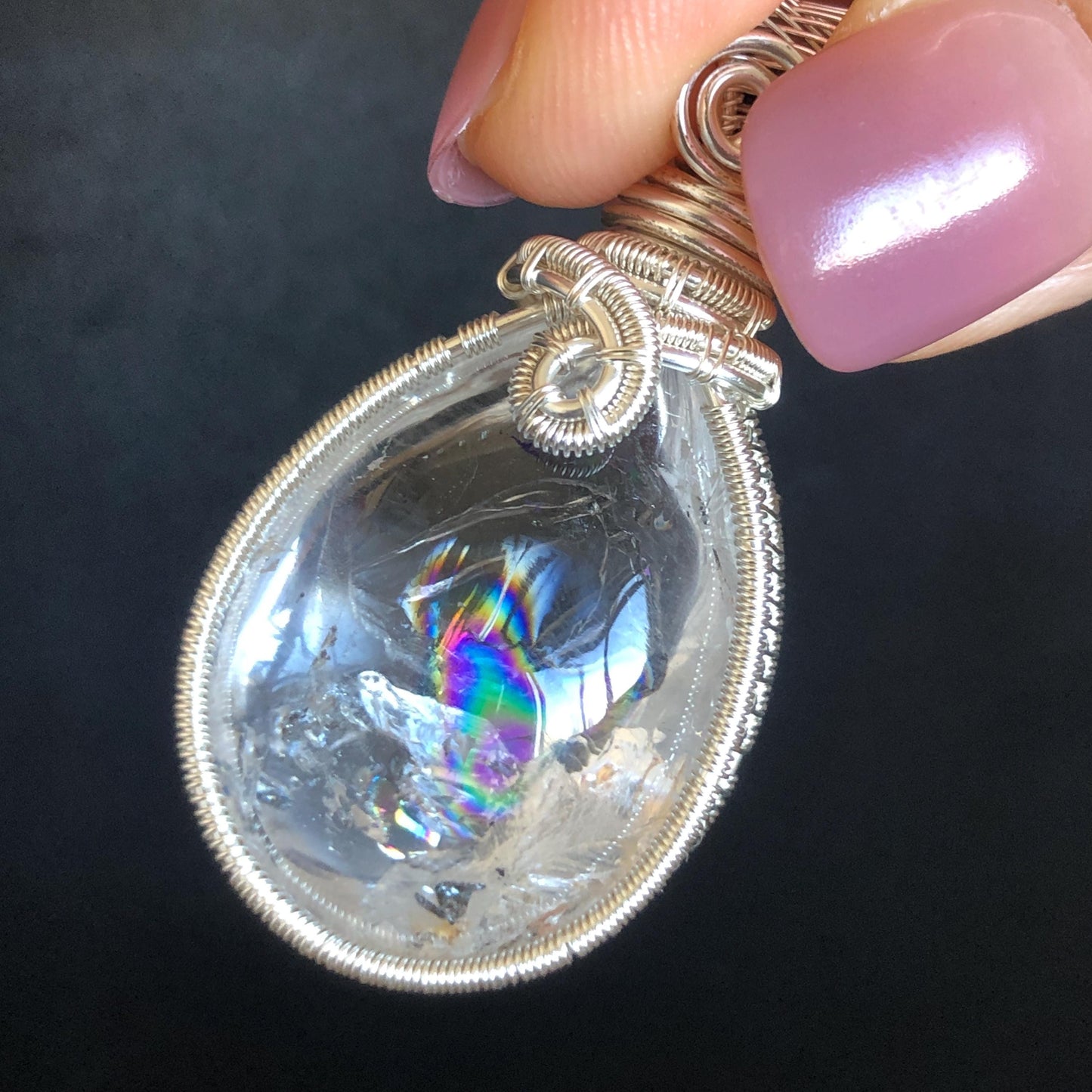 Rare Herkimer Diamond Sterling Silver Pendant Adjustable Necklace | Polished Enhydro Crystal |Big Rainbow! Moving Sand & Mica | Natural Gemstone Birthstone Gift for her | Rainbow Quartz Rainbow crystal enhydro quartz sand water-fall pendant necklace choker gemstone charm stone pendant choker polished stone pendant crystal charm birthstone gift for her men necklace chakra crystal purify stone minerals specimen adjustable choker mica quartz mica flakes silver wire wrapped pendant