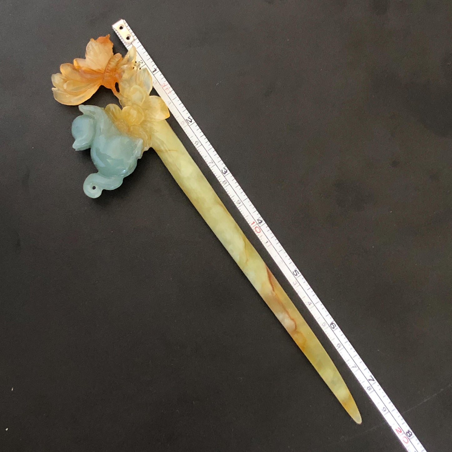 Xiu Jade Serpentine Hand Carved Cat Kitten with Butterfly Hair Pin | Natural Certified Yellow & Blue Jade Handcrafted Flower Hair Stick | Cat Lover Gift for her blue jade yellow jade brown jade carving frosty blue jade sky blue jade cat carving kitten carving hand engraved cat hair stick hand carved kitten hairpins japanese hair clip korean hair fork vintage hair comb hanfu hair pins untreated jade with certificate butterfly carving butterfly hair stick flower carving 3D stone carving