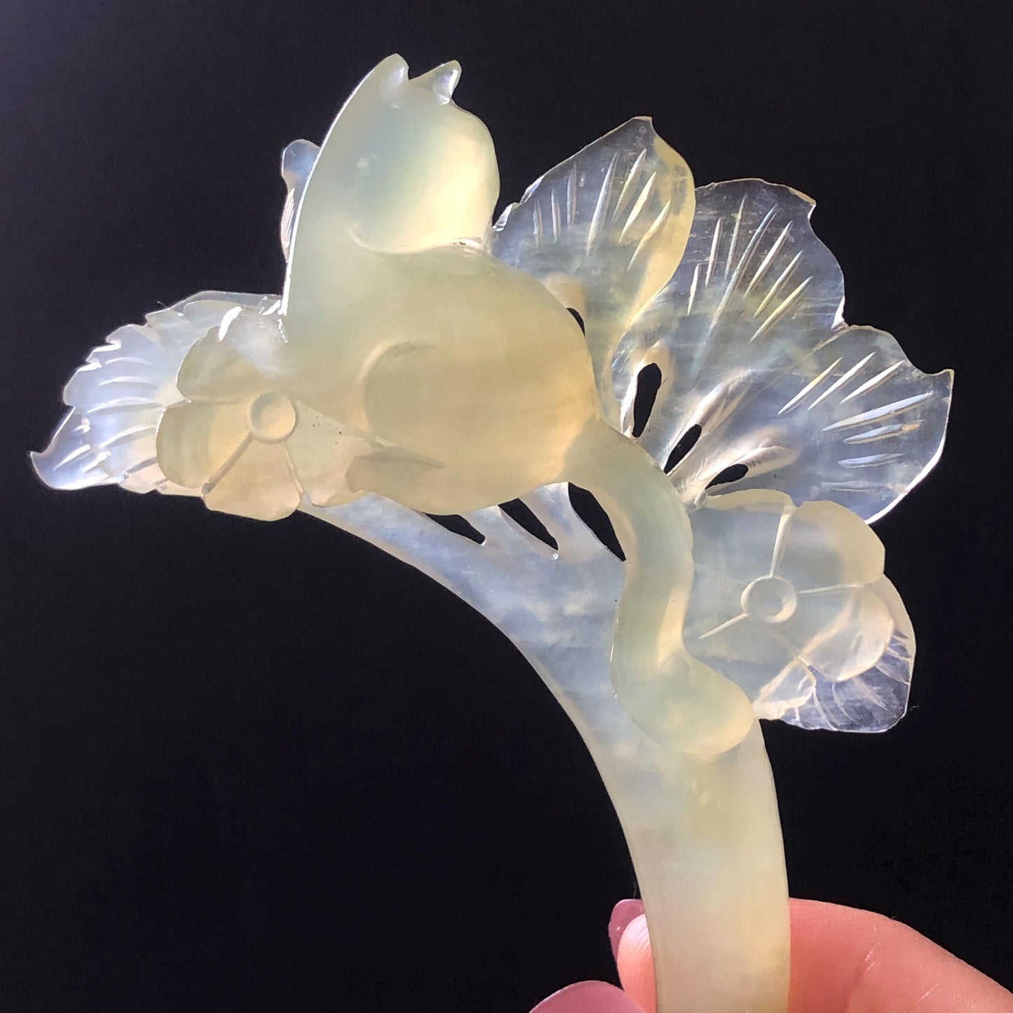 Xiu Jade Serpentine Hand Carved Cat & Flower Hair Pin: Natural Ice Green Jade Half Moon Hair Stick, Asian Chinese Vintage Hair Jewelry Handcrafted Hair Fork Bridal Wedding Headpiece gift for her japanese hairpin korean hair stick chinese hair fork vintage hair comb antique hair pins hanfu hair stick bridal shower hair jewelry hair accessory jade carving hand engraved jade hand carved flower jade hairpins untreated natural jade handcraft jade moon hairpin cat carving kitten carving cat lover gift