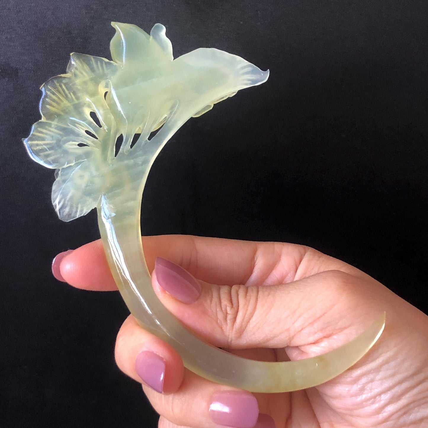 Xiu Jade Serpentine Hand Carved Cat & Flower Hair Pin: Natural Ice Green Jade Half Moon Hair Stick, Asian Chinese Vintage Hair Jewelry Handcrafted Hair Fork Bridal Wedding Headpiece gift for her japanese hairpin korean hair stick chinese hair fork vintage hair comb antique hair pins hanfu hair stick bridal shower hair jewelry hair accessory jade carving hand engraved jade hand carved flower jade hairpins untreated natural jade handcraft jade moon hairpin cat carving kitten carving cat lover gift