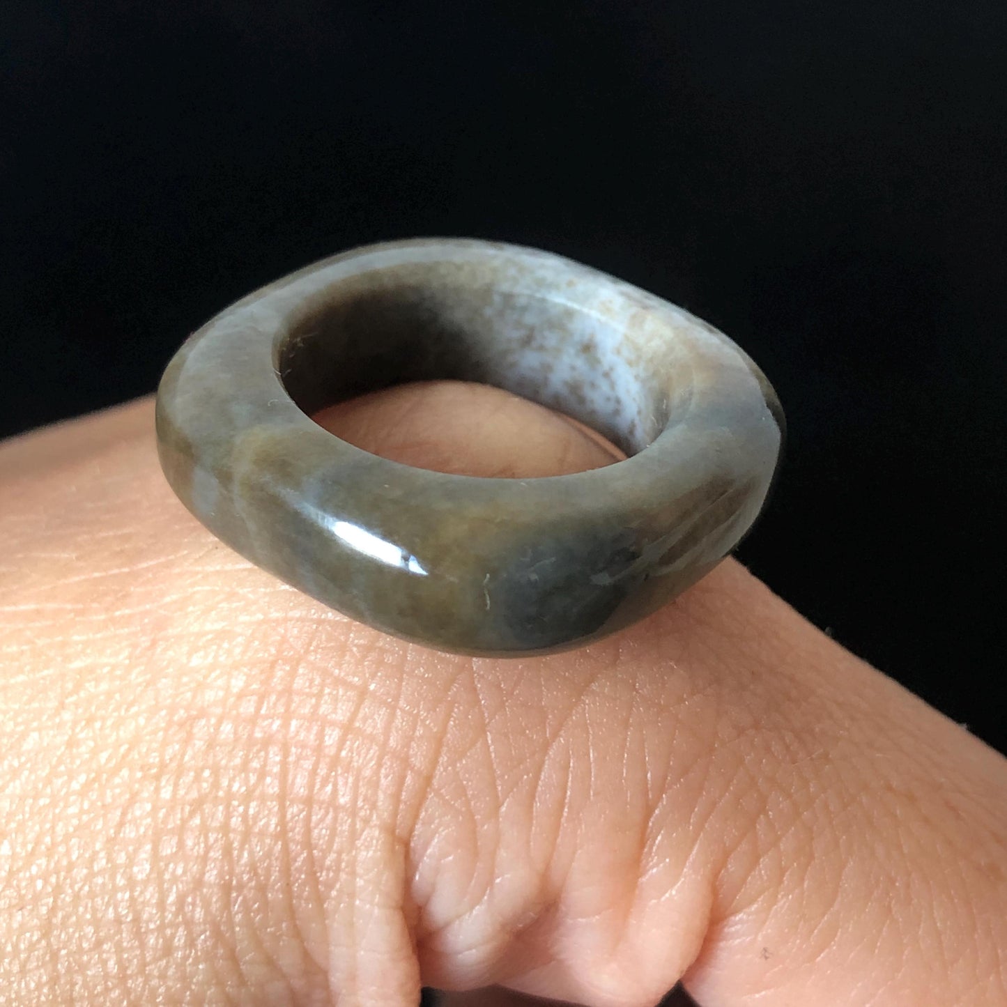 Natural Nephrite Jade Band Ring | US 6.5 | Untreated White Jade & Brown Jade Ring | Oreo Cookie Style | Women Statement Ring Stackable Ring gift for her untreated jade stackable ring cocktail ring for men square ring vintage ring chinese jade stone ring thumb ring ring pendant brown jade ring white jade ring pinky ring