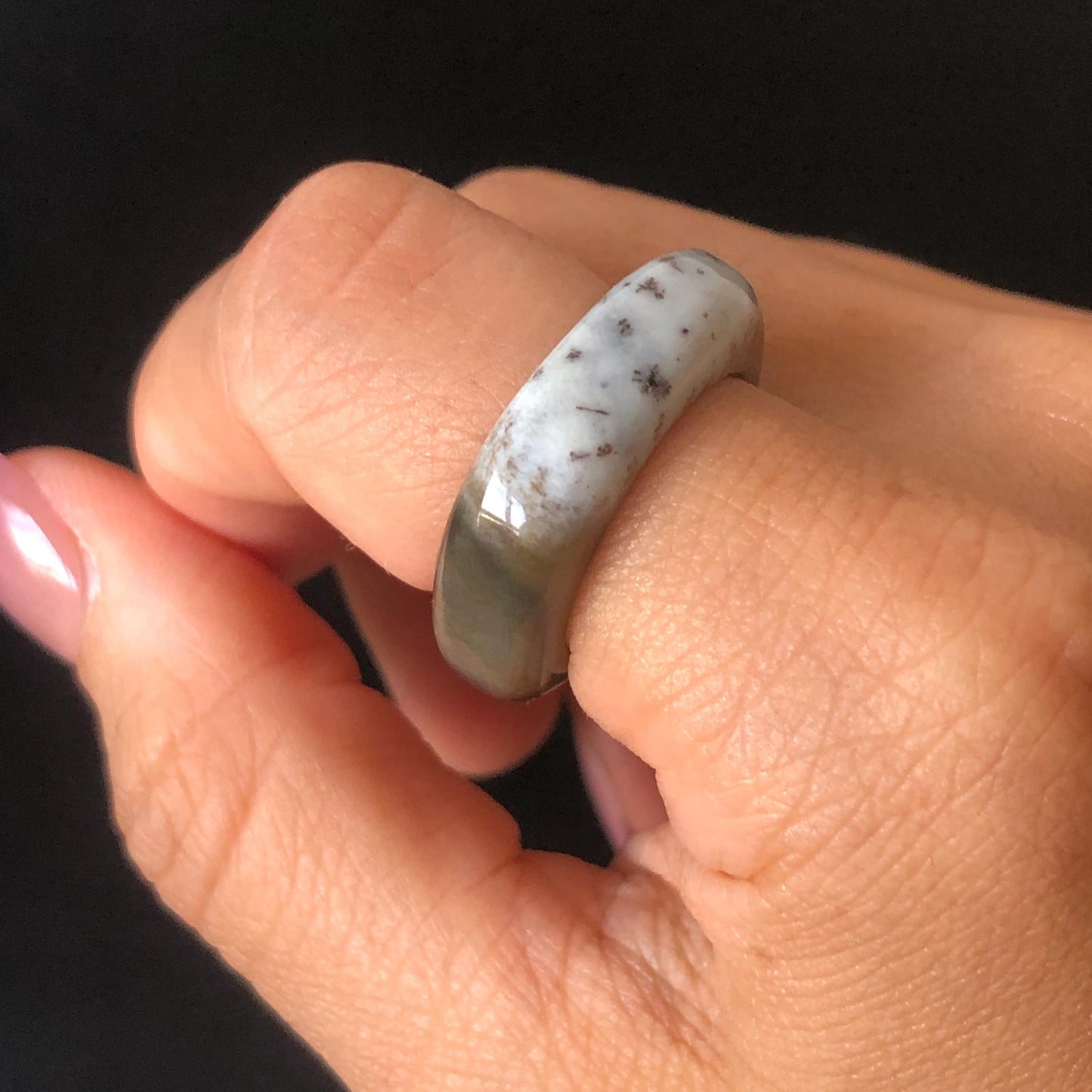 Natural Nephrite Jade Band Ring | US 6.5 | Untreated White Jade & Brown Jade Ring | Oreo Cookie Style | Women Statement Ring Stackable Ring gift for her untreated jade stackable ring cocktail ring for men square ring vintage ring chinese jade stone ring thumb ring ring pendant brown jade ring white jade ring pinky ring