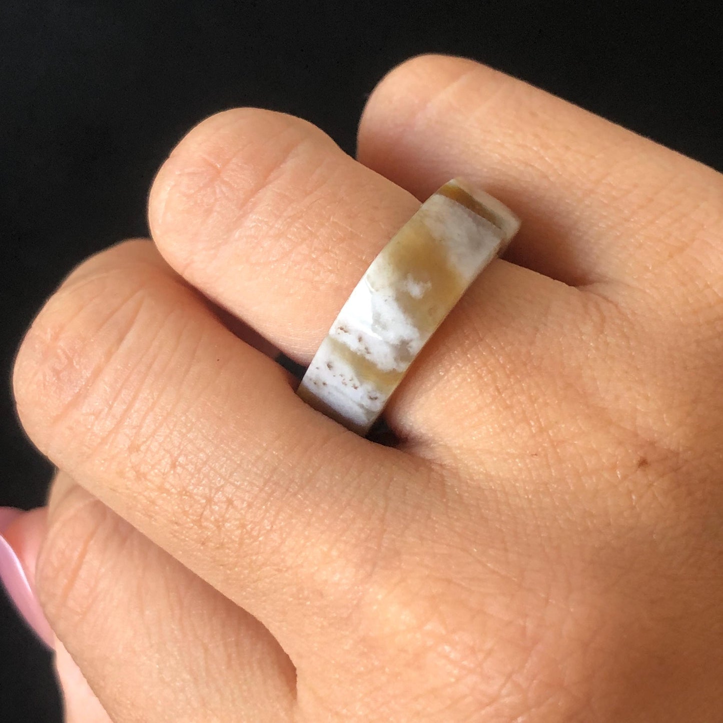 Natural Nephrite Jade Band Ring | US 5.25 | Untreated White Jade & Brown Jade Pinky Ring | Milk Coffee Latte | Women Statement Ring Stackable Ring gift for her untreated jade stackable ring cocktail ring for men square ring vintage ring chinese jade stone ring thumb ring ring pendant brown jade ring white jade ring