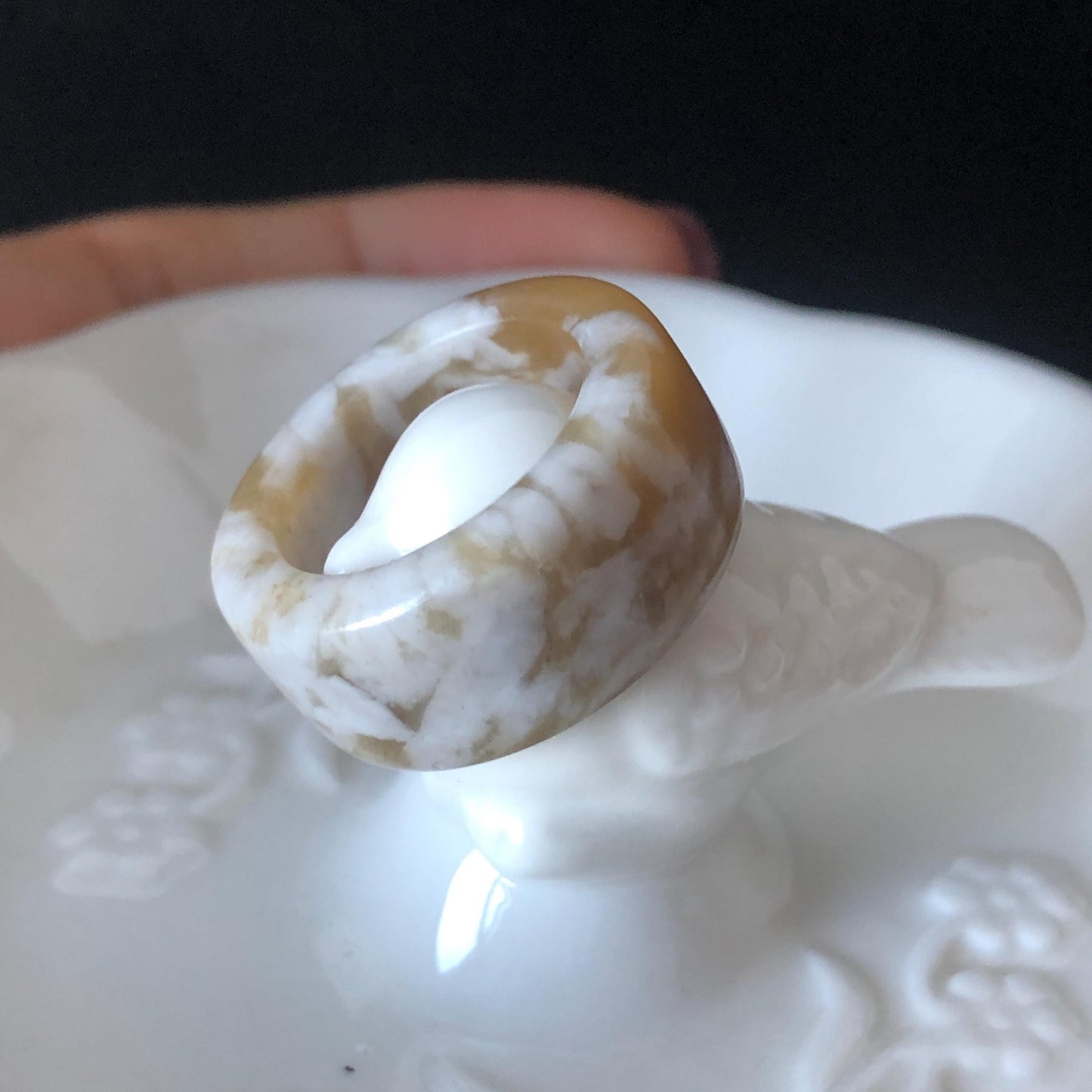 Natural Nephrite Jade Band Ring | US 6.25 | White Jade & Brown Jade Pinky Ring | Milk Coffee Latte | Women Statement Ring Stackable Ring