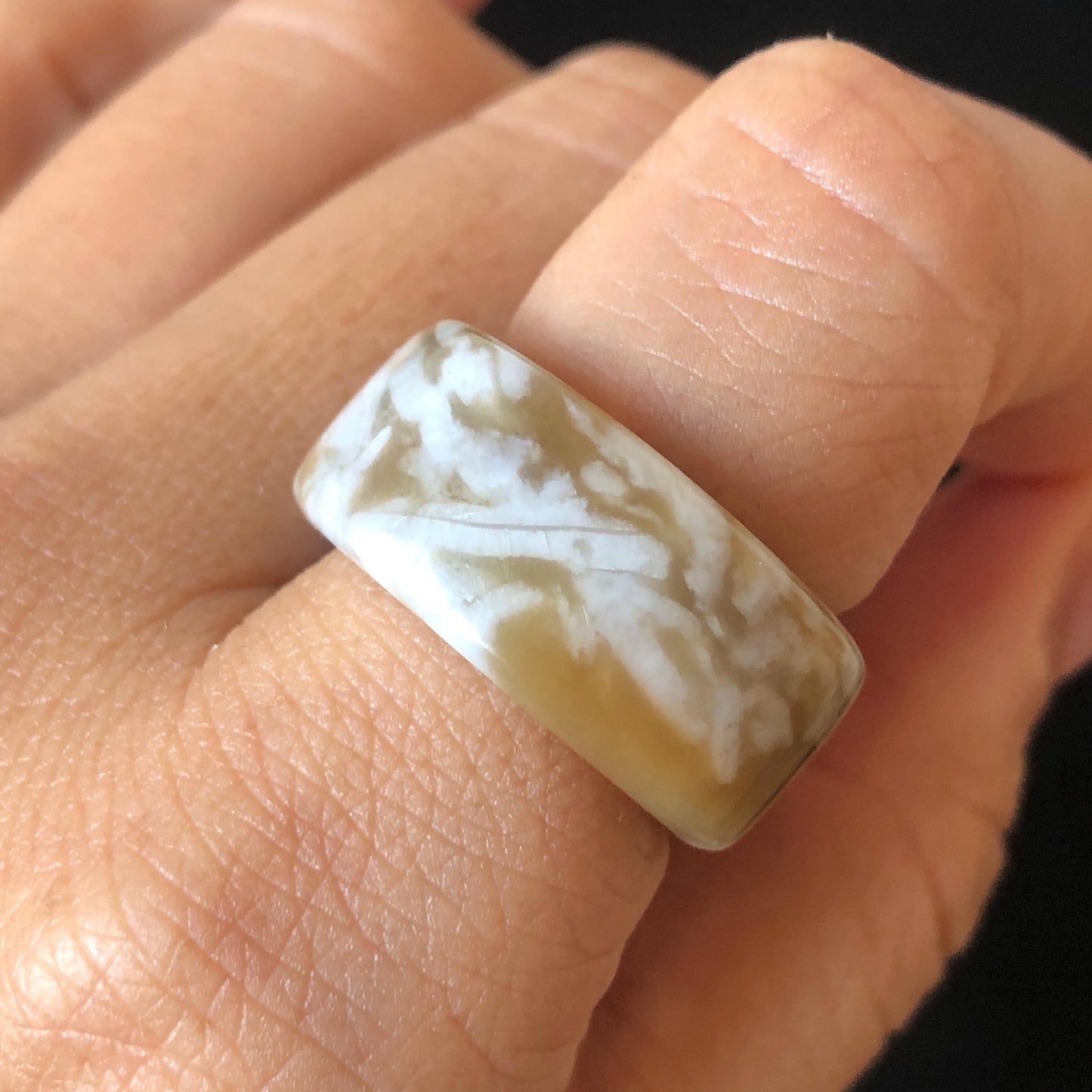Natural Nephrite Jade Band Ring | US 6.25 | White Jade & Brown Jade Pinky Ring | Milk Coffee Latte | Women Statement Ring Stackable Ring