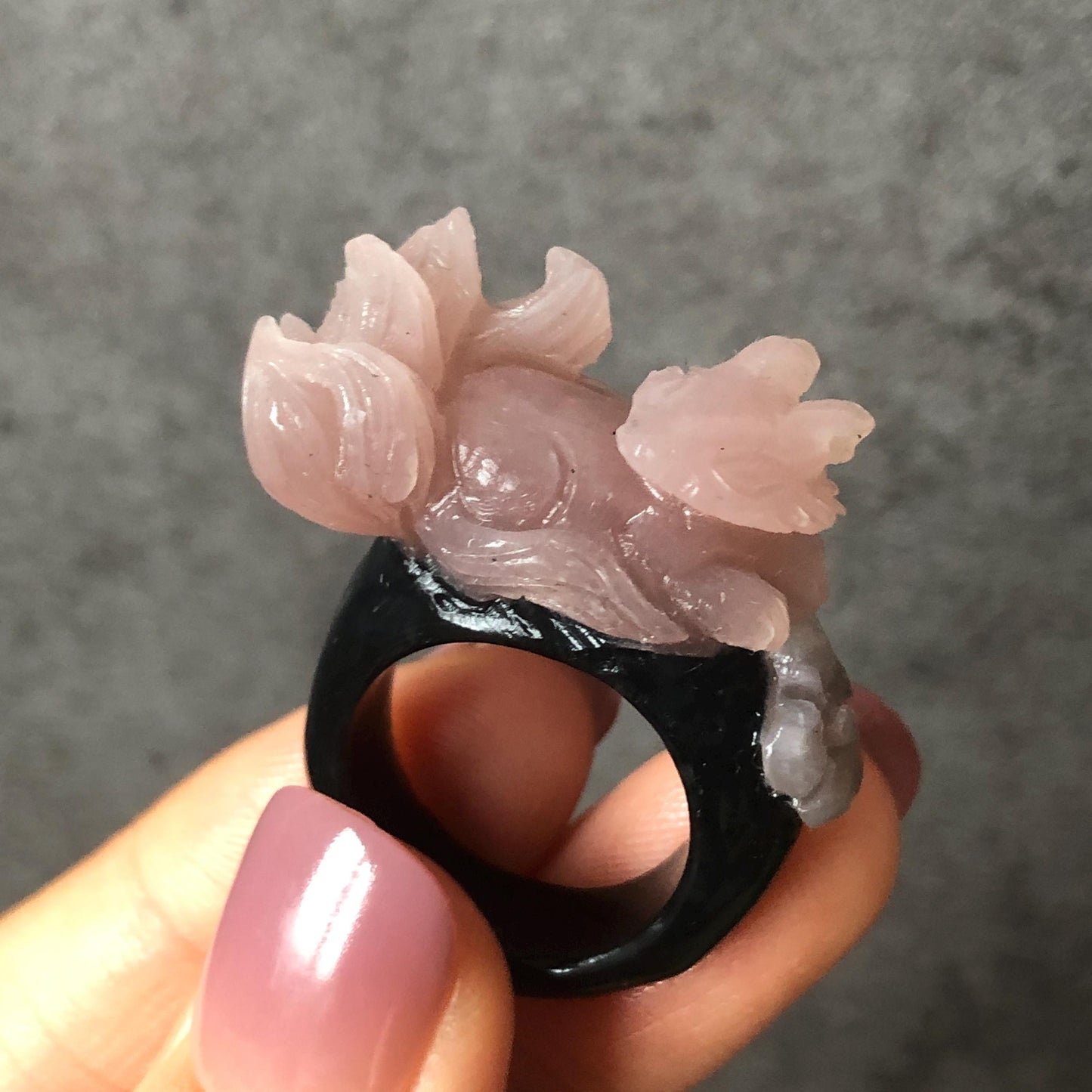 Custom Size! Xiu Jade Serpentine Hand Carved Nine Tail Fox Flower Statement Ring | Black & Pink Jade Ring Pendant | 3D Stone Carving | Handcrafted Crystal Gemstone Gift black jade carving pink jade carbonate jade ring hand carved jade band ring bird carving flower carving plum blossom natural jade band ring cocktail ring gift for her ring for women make to order ring big size ring small size ring personalized ring customised ring fox carving flower carving