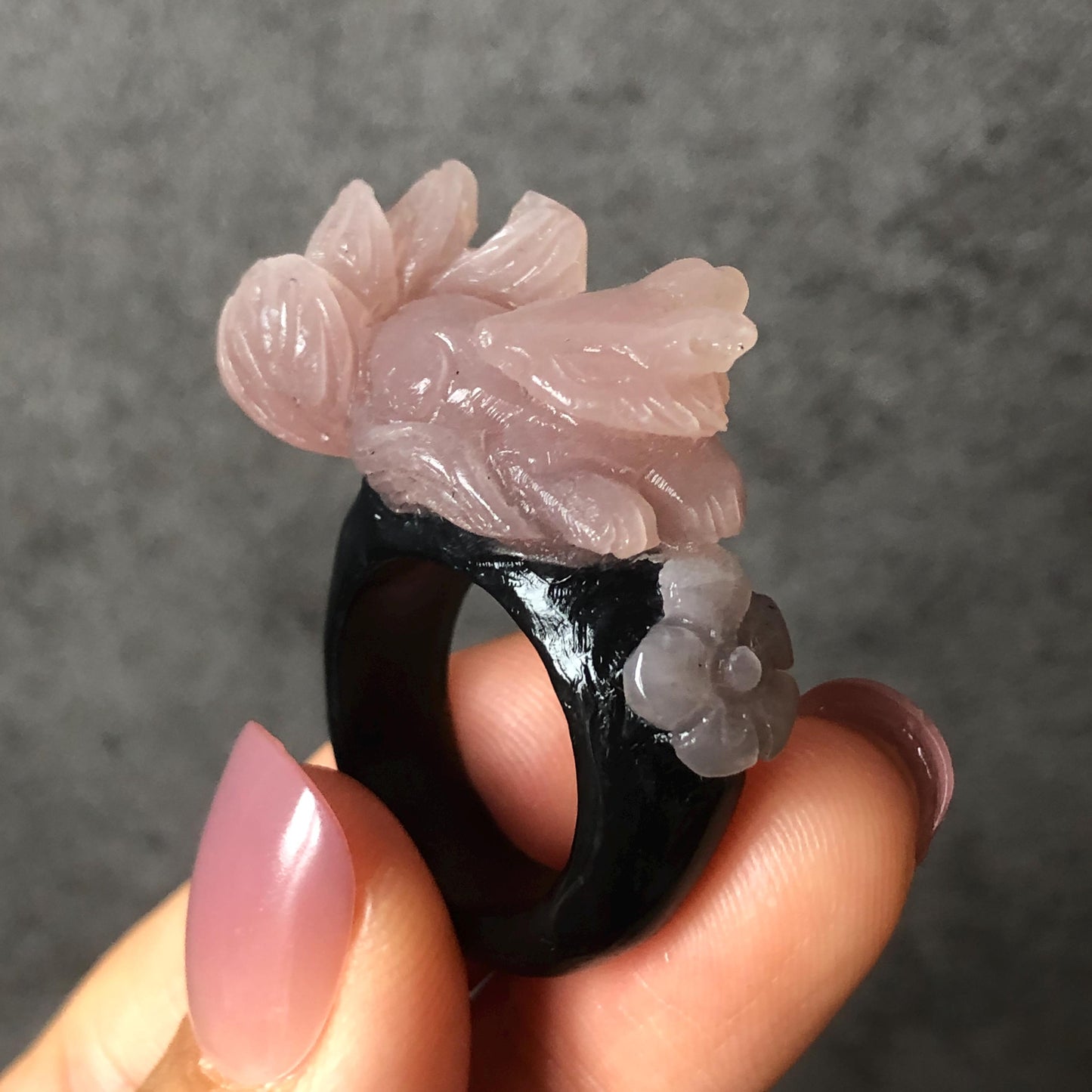 Custom Size! Xiu Jade Serpentine Hand Carved Nine Tail Fox Flower Statement Ring | Black & Pink Jade Ring Pendant | 3D Stone Carving | Handcrafted Crystal Gemstone Gift black jade carving pink jade carbonate jade ring hand carved jade band ring bird carving flower carving plum blossom natural jade band ring cocktail ring gift for her ring for women make to order ring big size ring small size ring personalized ring customised ring fox carving flower carving