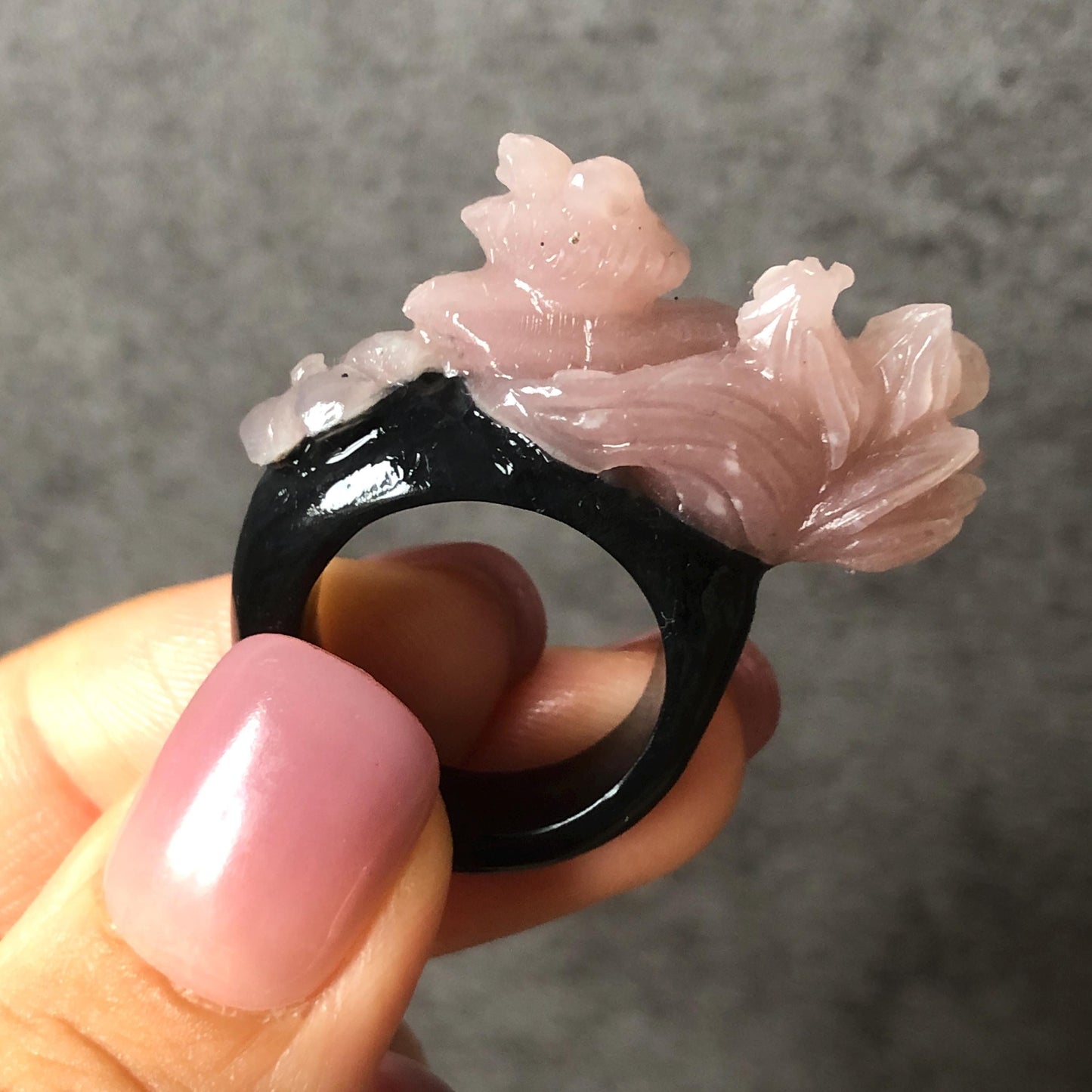 Custom Size! Xiu Jade Serpentine Hand Carved Nine Tail Fox Flower Statement Ring | Black & Pink Jade Ring Pendant | 3D Stone Carving | Handcrafted Crystal Gemstone Gift black jade carving pink jade carbonate jade ring hand carved jade band ring bird carving flower carving plum blossom natural jade band ring cocktail ring gift for her ring for women make to order ring big size ring small size ring personalized ring customised ring fox carving flower carving