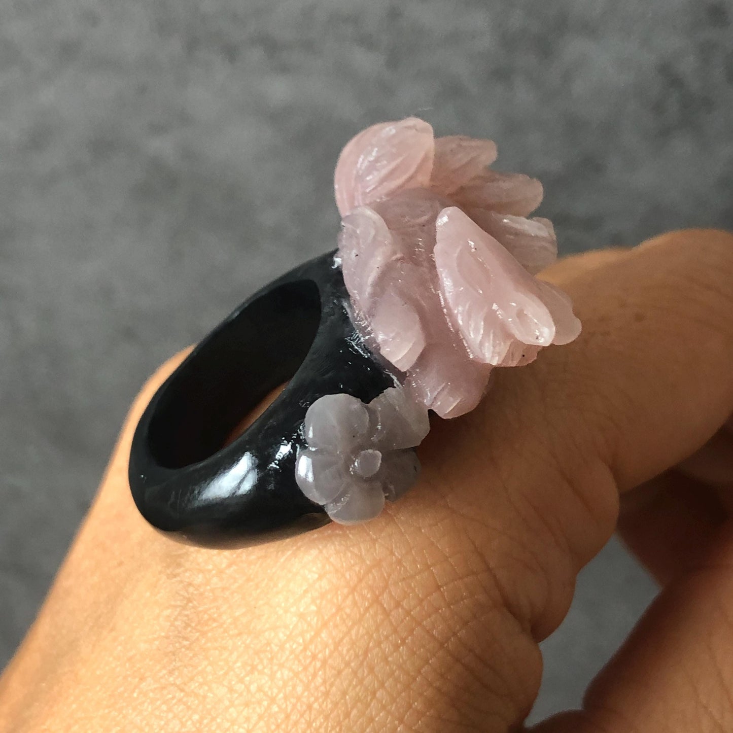 Custom Size! Xiu Jade Serpentine Hand Carved Nine Tail Fox Flower Statement Ring | Black & Pink Jade Ring Pendant | 3D Stone Carving | Handcrafted Crystal Gemstone Gift black jade carving pink jade carbonate jade ring hand carved jade band ring bird carving flower carving plum blossom natural jade band ring cocktail ring gift for her ring for women make to order ring big size ring small size ring personalized ring customised ring fox carving flower carving