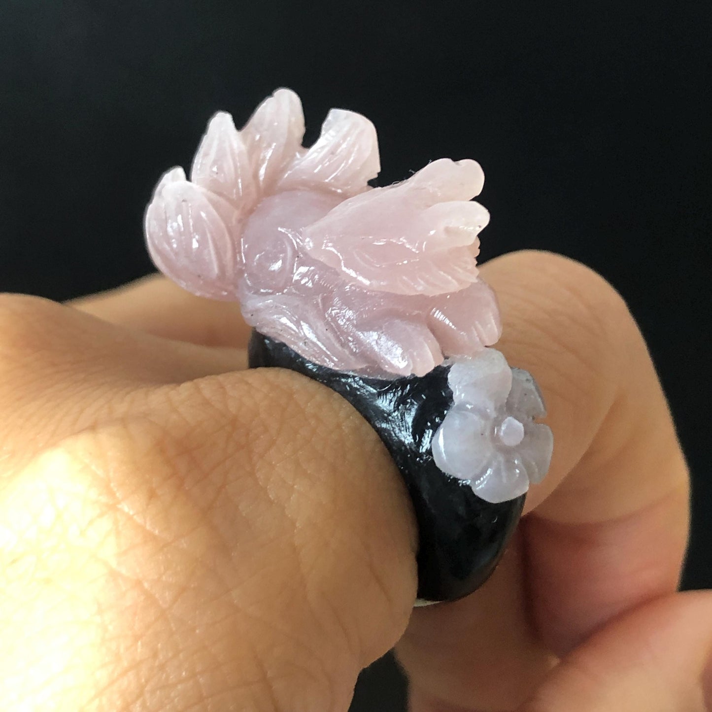 Custom Size! Xiu Jade Serpentine Hand Carved Nine Tail Fox Flower Statement Ring | Black & Pink Jade Ring Pendant | 3D Stone Carving | Handcrafted Crystal Gemstone Gift black jade carving pink jade carbonate jade ring hand carved jade band ring bird carving flower carving plum blossom natural jade band ring cocktail ring gift for her ring for women make to order ring big size ring small size ring personalized ring customised ring fox carving flower carving
