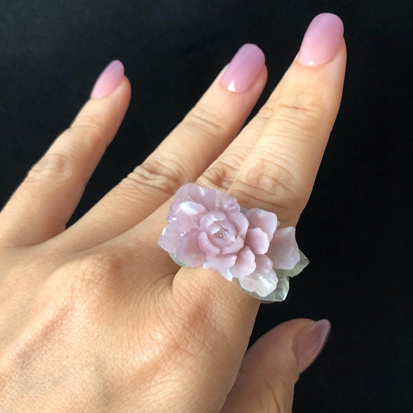 Custom Size! Xiu Jade Serpentine Hand Carved Peony Flower Statement Ring | Green & Pink Jade Ring Pendant | 3D Stone Carving | Handcrafted Crystal Gemstone Gift Gift black jade carving pink jade carbonate jade ring hand carved jade band ring bird carving flower carving plum blossom natural jade band ring cocktail ring gift for her ring for women make to order ring big size ring small size ring personalized ring customised ring flower ring flower carving