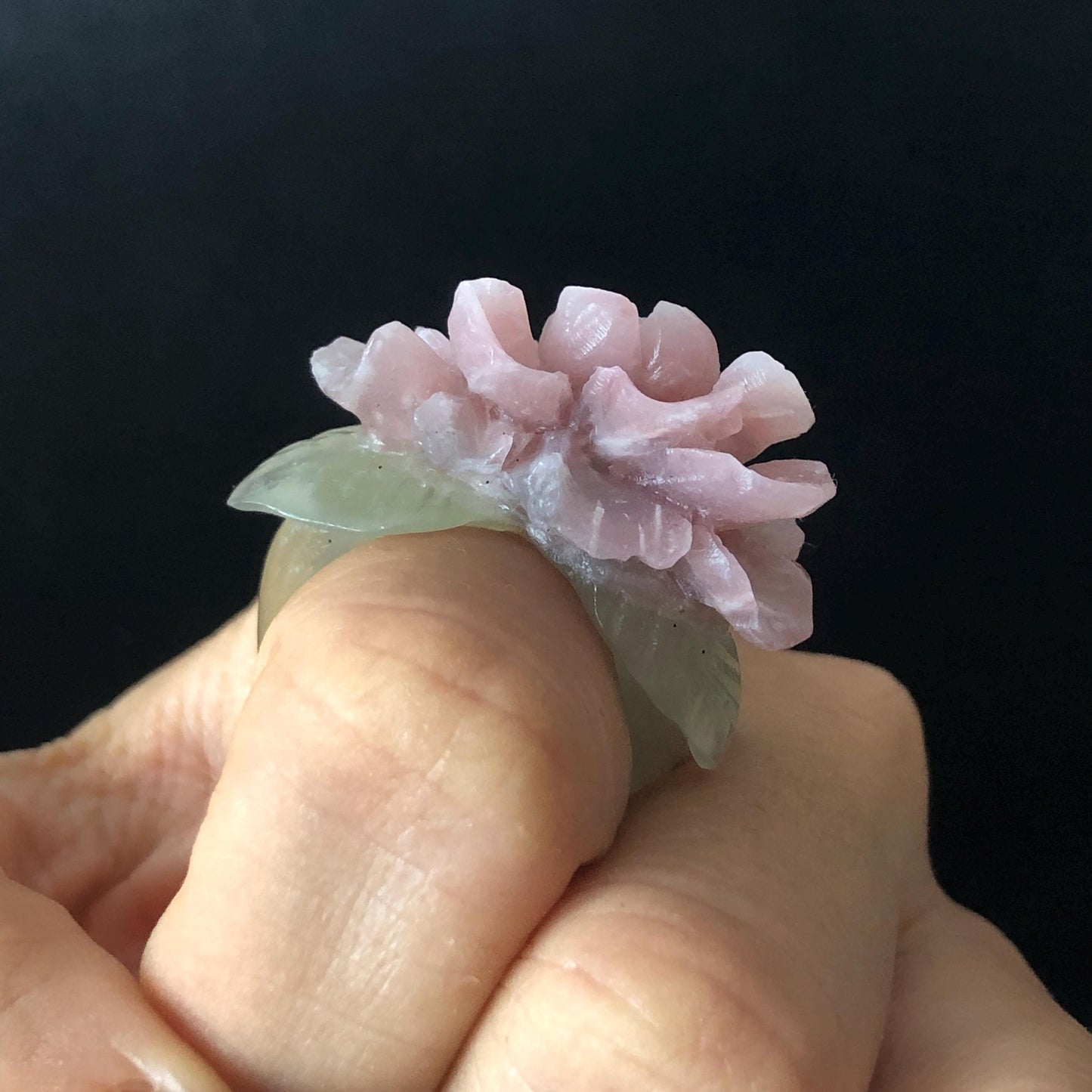 Custom Size! Xiu Jade Serpentine Hand Carved Peony Flower Statement Ring | Green & Pink Jade Ring Pendant | 3D Stone Carving | Handcrafted Crystal Gemstone Gift Gift black jade carving pink jade carbonate jade ring hand carved jade band ring bird carving flower carving plum blossom natural jade band ring cocktail ring gift for her ring for women make to order ring big size ring small size ring personalized ring customised ring flower ring flower carving green jade pink jade