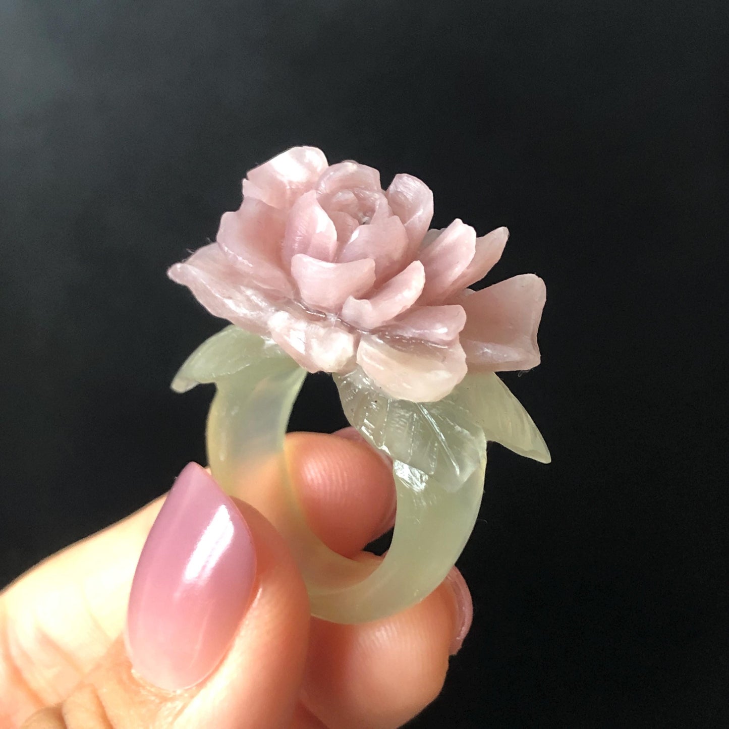 Custom Size! Xiu Jade Serpentine Hand Carved Peony Flower Statement Ring | Green & Pink Jade Ring Pendant | 3D Stone Carving | Handcrafted Crystal Gemstone Gift Gift black jade carving pink jade carbonate jade ring hand carved jade band ring bird carving flower carving plum blossom natural jade band ring cocktail ring gift for her ring for women make to order ring big size ring small size ring personalized ring customised ring flower ring flower carving green jade pink jade
