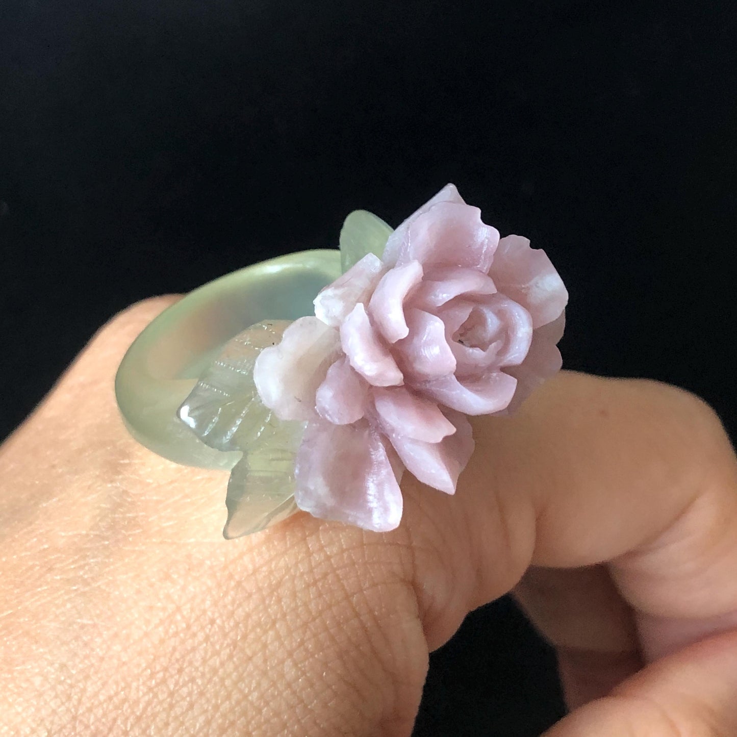 Custom Size! Xiu Jade Serpentine Hand Carved Peony Flower Statement Ring | Green & Pink Jade Ring Pendant | 3D Stone Carving | Handcrafted Crystal Gemstone Gift Gift black jade carving pink jade carbonate jade ring hand carved jade band ring bird carving flower carving plum blossom natural jade band ring cocktail ring gift for her ring for women make to order ring big size ring small size ring personalized ring customised ring flower ring flower carving green jade pink jade