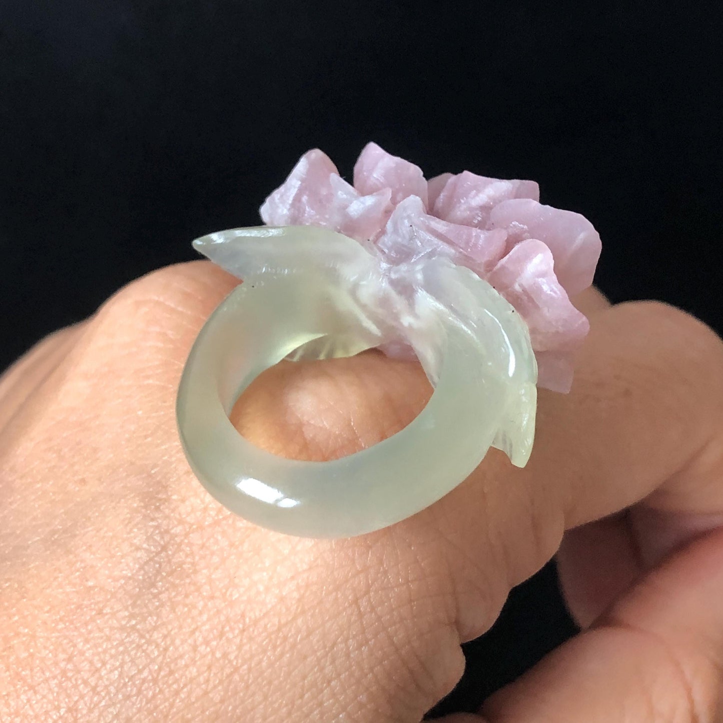 Custom Size! Xiu Jade Serpentine Hand Carved Peony Flower Statement Ring | Green & Pink Jade Ring Pendant | 3D Stone Carving | Handcrafted Crystal Gemstone Gift Gift black jade carving pink jade carbonate jade ring hand carved jade band ring bird carving flower carving plum blossom natural jade band ring cocktail ring gift for her ring for women make to order ring big size ring small size ring personalized ring customised ring flower ring flower carving green jade pink jade