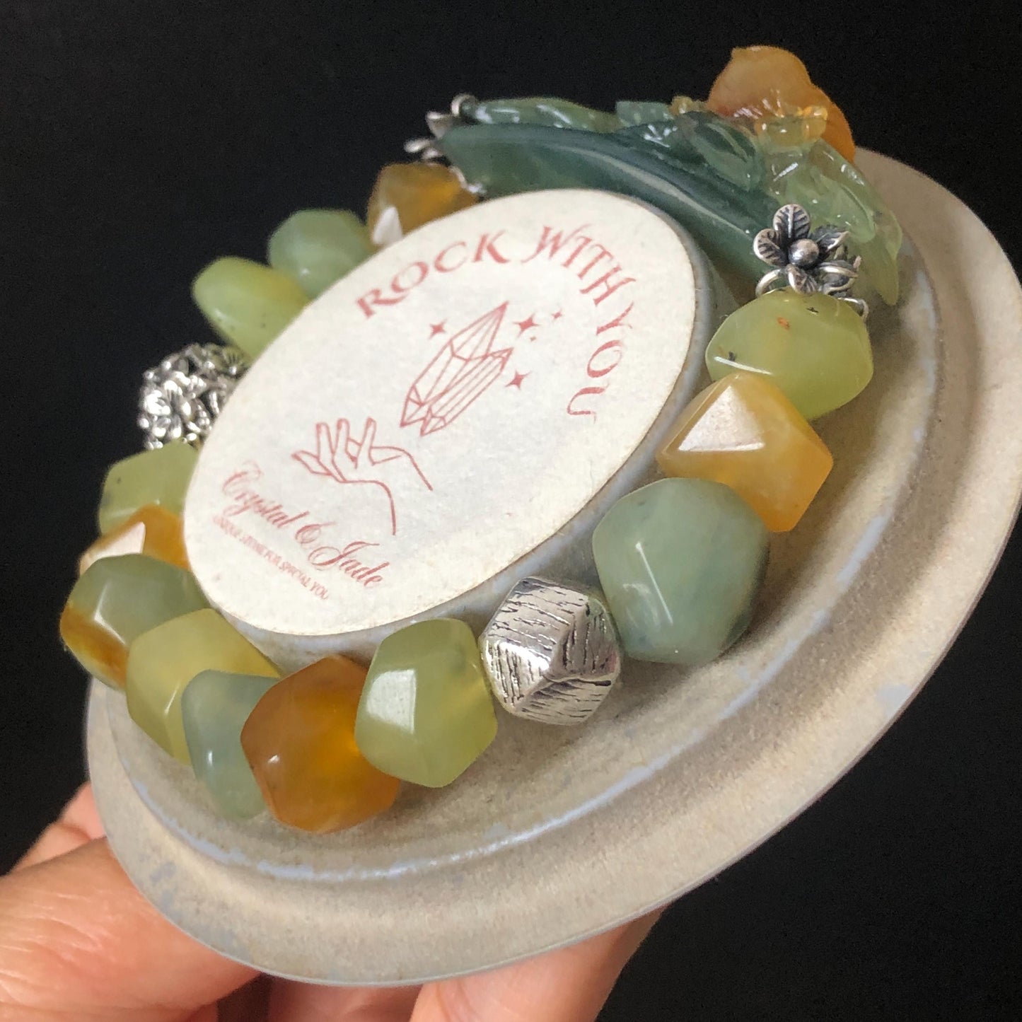 Natural Xiu Jade Serpentine Hand Carved Bird Bamboo Flower Charm with Irregular Bead Bracelet | Yellow & Green Jade | Vintage Tibetan Silver Accessory | Handcrafted Crystal Stone Gemstone Gift for her bracelet jade carving hand engraved green jade yellow jade hand engraved jade bracelet hand carved jade charm engraved jade pendant irregular bead bracelet elastic stretch bracelet silver accessory vintage bracelet antique bracelet bird carving bamboo carving flower carving personalized bracelet