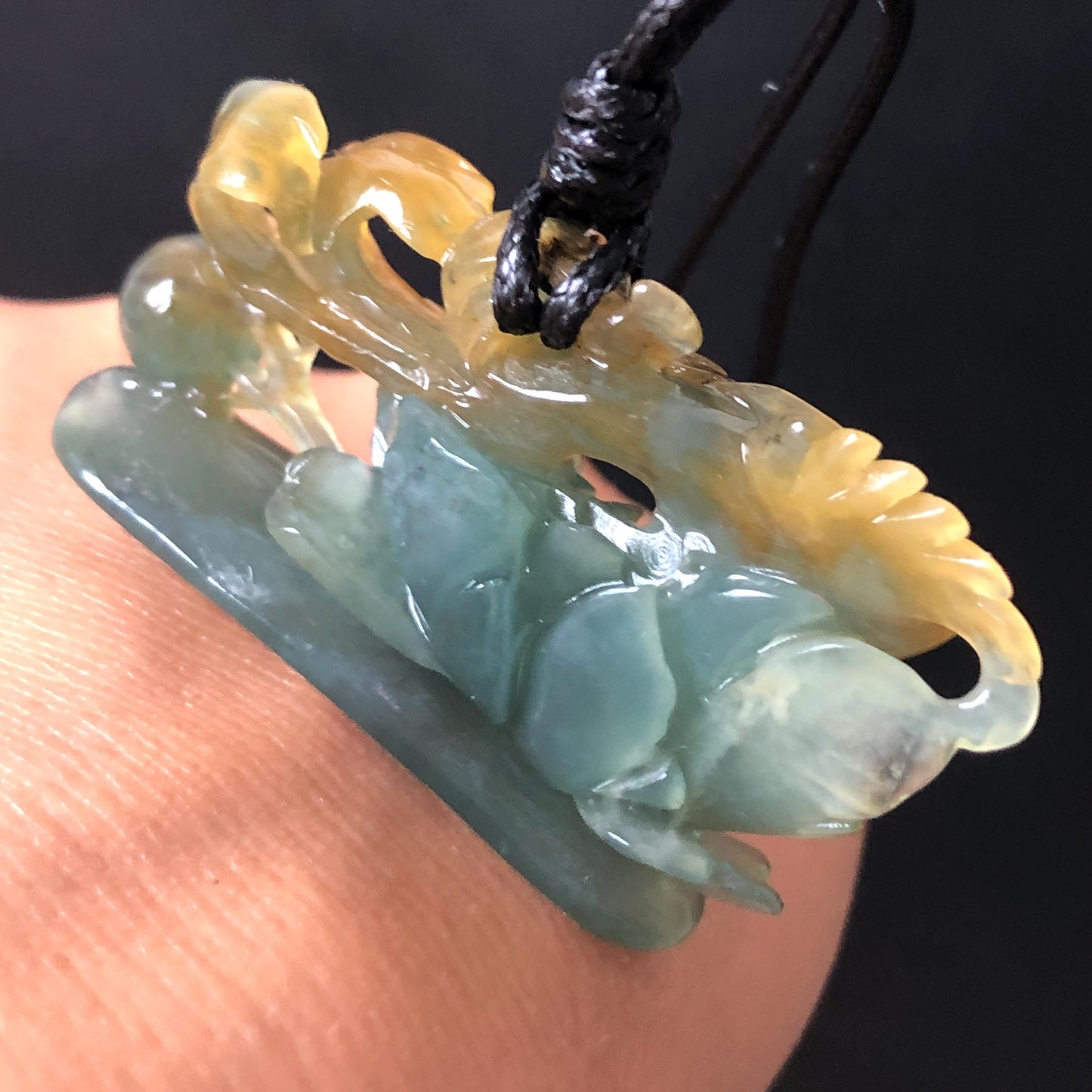 Xiu Jade Serpentine Hand Carved Phoenix Peony Pendant Adjustable Necklace | Natural Yellow & Green Jade | Handcrafted 3D Stone Carving Gift for her hand engraved stone pendant jade carving phoenix carving peony carving carved jade charm adjustable necklace untreated jade choker necklace handcraft jade stone carving crystal carving hand engraved gemstone green jade yellow jade phoenix lover gift vintage jade antique jade chinese jade