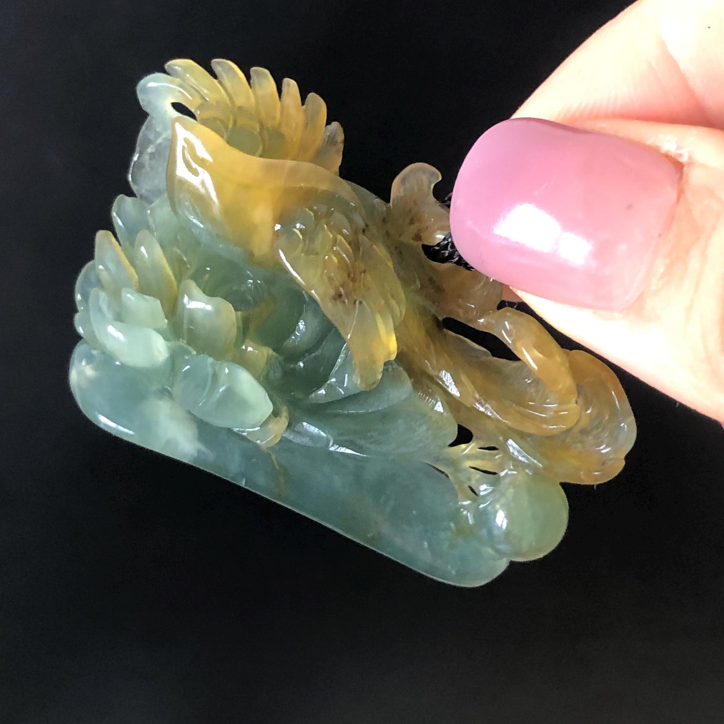 Xiu Jade Serpentine Hand Carved Phoenix Peony Pendant Adjustable Necklace | Natural Yellow & Green Jade | Handcrafted 3D Stone Carving Gift for her hand engraved stone pendant jade carving phoenix carving peony carving carved jade charm adjustable necklace untreated jade choker necklace handcraft jade stone carving crystal carving hand engraved gemstone green jade yellow jade phoenix lover gift vintage jade antique jade chinese jade