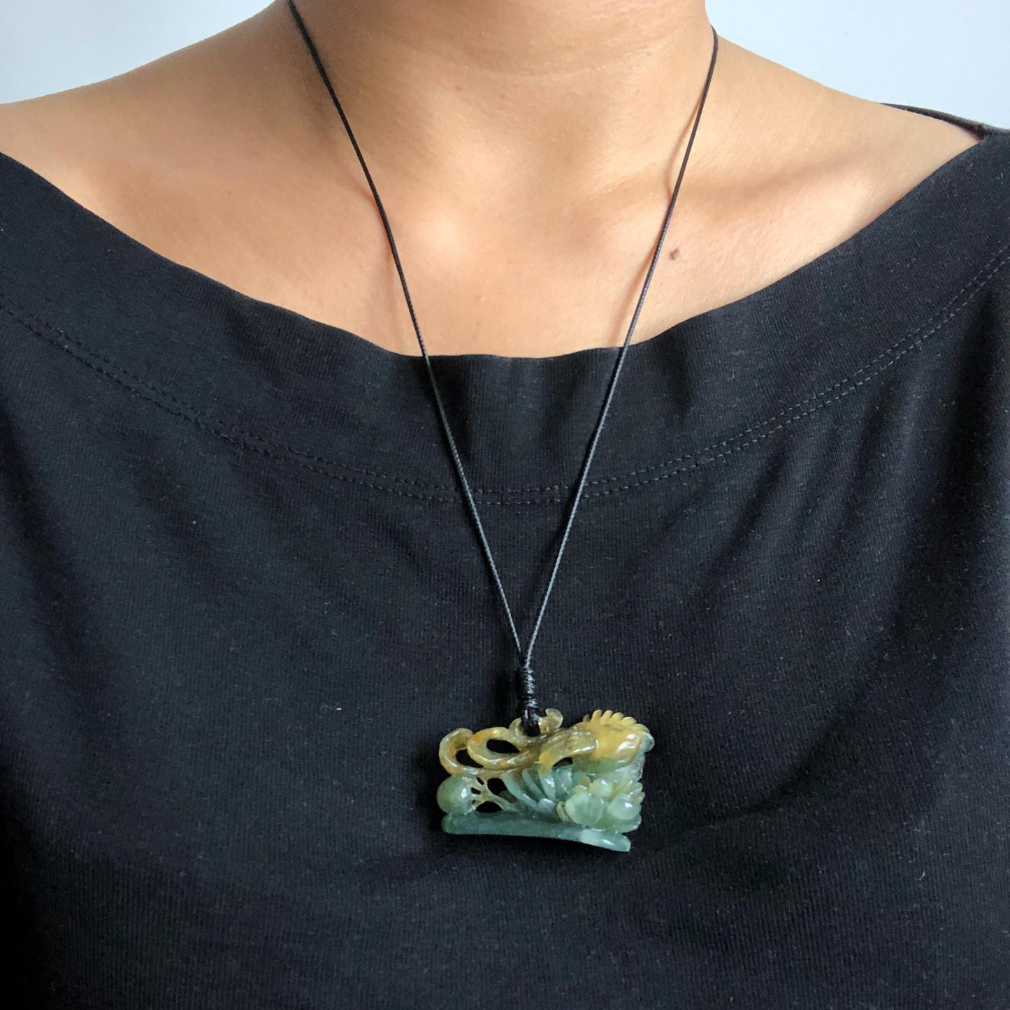 Xiu Jade Serpentine Hand Carved Phoenix Peony Pendant Adjustable Necklace | Natural Yellow & Green Jade | Handcrafted 3D Stone Carving Gift for her hand engraved stone pendant jade carving phoenix carving peony carving carved jade charm adjustable necklace untreated jade choker necklace handcraft jade stone carving crystal carving hand engraved gemstone green jade yellow jade phoenix lover gift vintage jade antique jade chinese jade