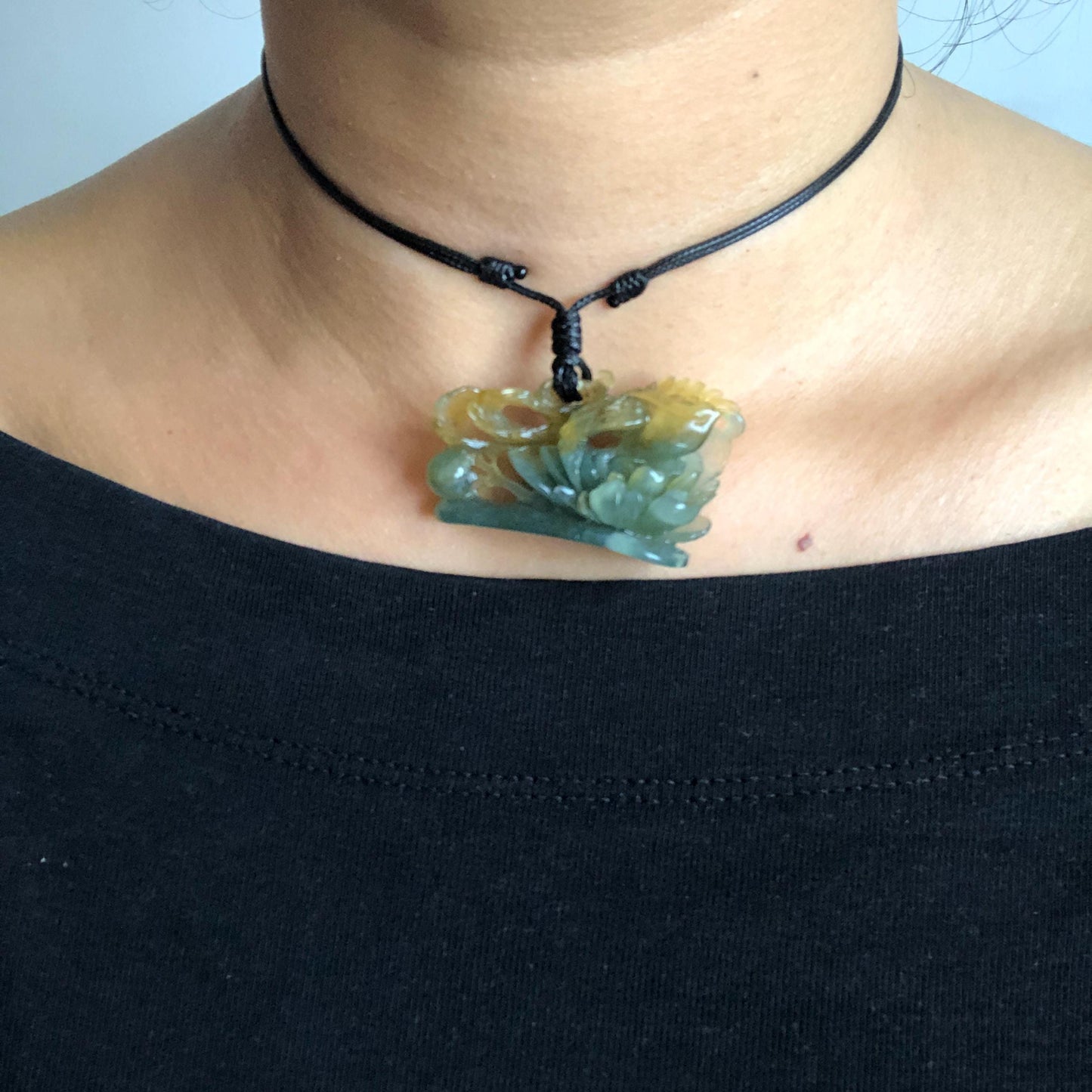 Xiu Jade Serpentine Hand Carved Phoenix Peony Pendant Adjustable Necklace | Natural Yellow & Green Jade | Handcrafted 3D Stone Carving Gift for her hand engraved stone pendant jade carving phoenix carving peony carving carved jade charm adjustable necklace untreated jade choker necklace handcraft jade stone carving crystal carving hand engraved gemstone green jade yellow jade phoenix lover gift vintage jade antique jade chinese jade