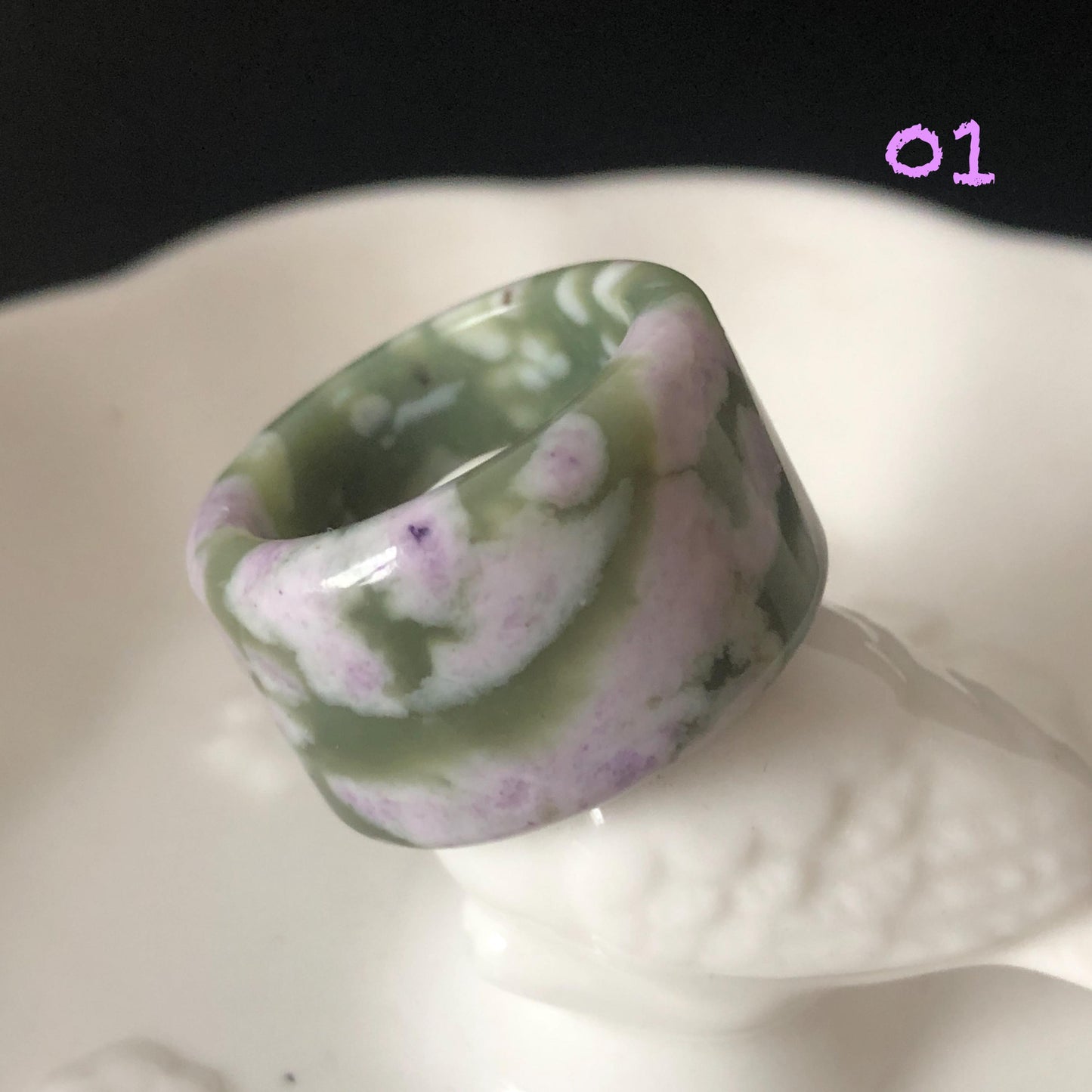 Natural Nephrite Jade Wide Band Ring | Green Jade with White & Purple Flower Pattern Thumb Ring | Wisteria Flowers | US 6.5-7.25 | White Jade Purple Jade flower statement ring for women ring pendant cocktail ring chinese jade ring vintage ring antique ring gift for her stone ring gemstone ring crystal ring