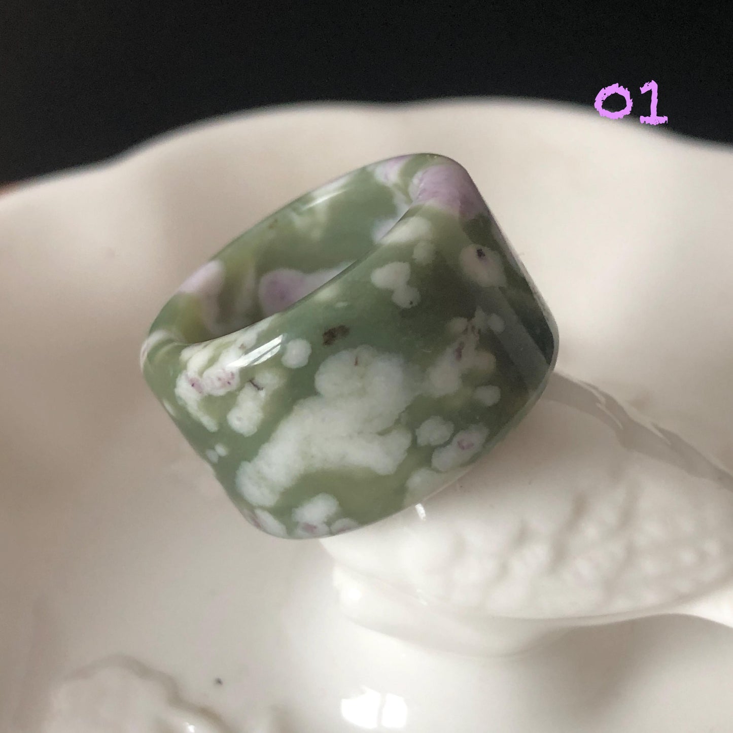 Natural Nephrite Jade Wide Band Ring | Green Jade with White & Purple Flower Pattern Thumb Ring | Wisteria Flowers | US 6.5-7.25 | White Jade Purple Jade flower statement ring for women ring pendant cocktail ring chinese jade ring vintage ring antique ring gift for her stone ring gemstone ring crystal ring
