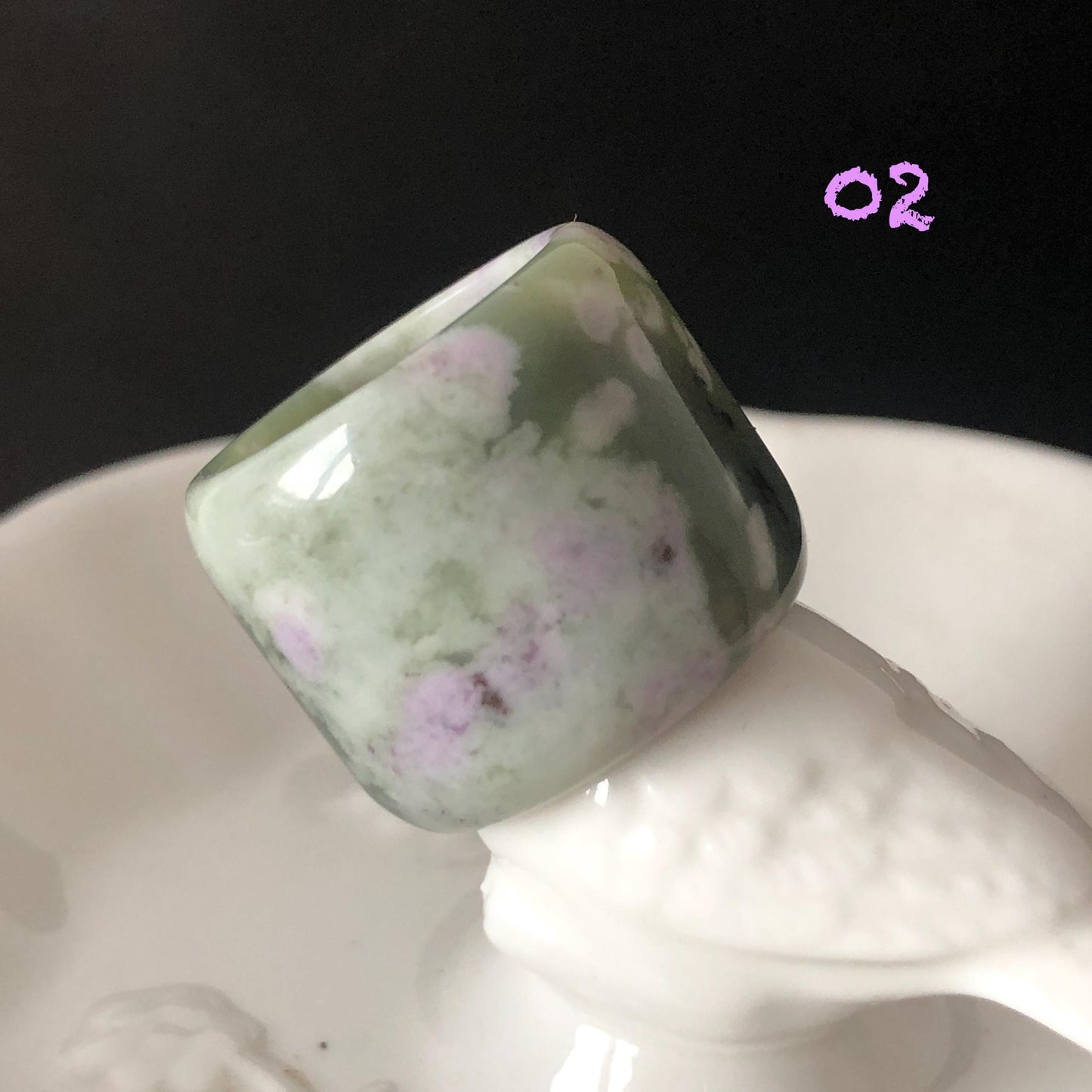 Natural Nephrite Jade Wide Band Ring | Green Jade with White & Purple Flower Pattern Thumb Ring | Wisteria Flowers | US 6.5-7.25 | White Jade Purple Jade flower statement ring for women ring pendant cocktail ring chinese jade ring vintage ring antique ring gift for her stone ring gemstone ring crystal ring