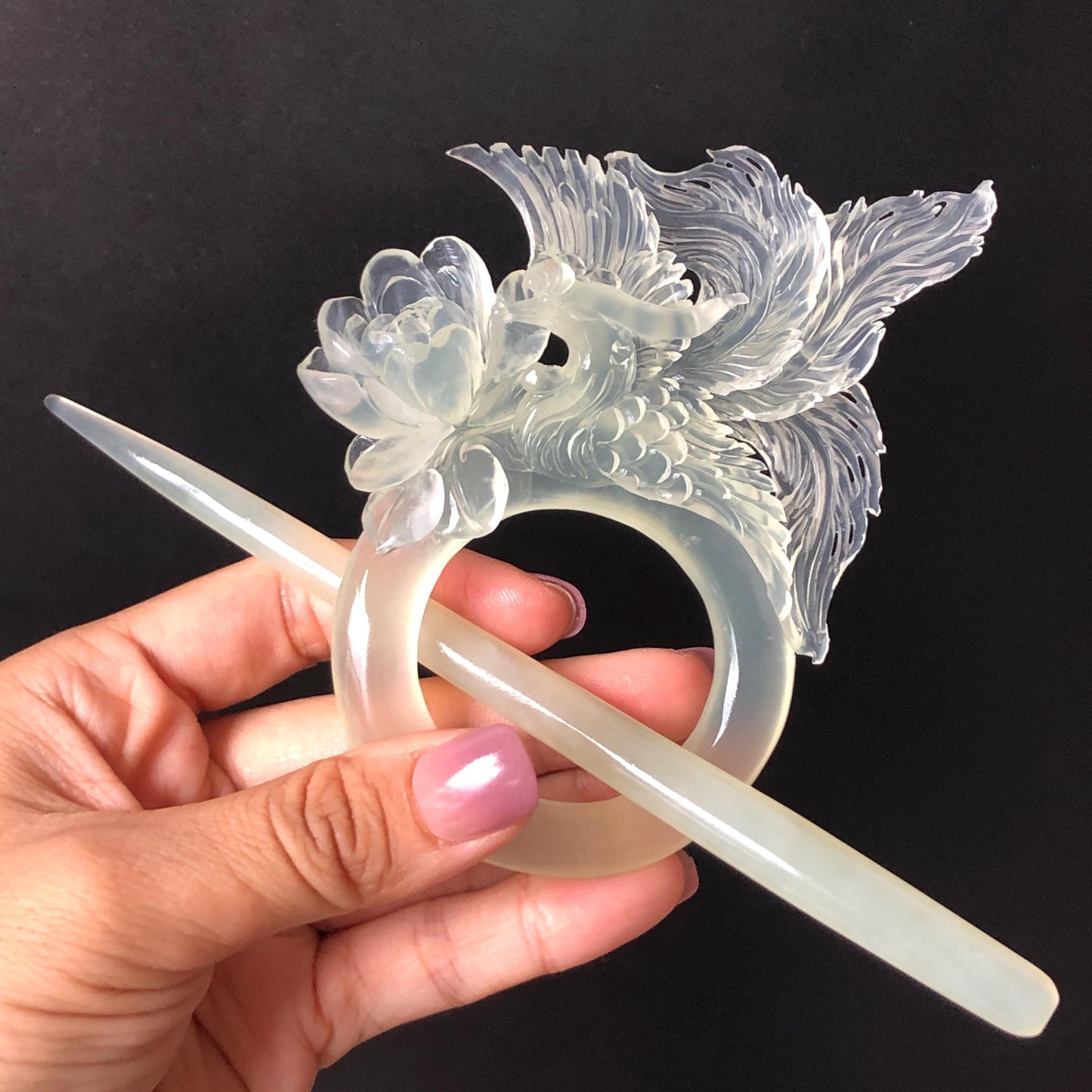 Xiu Jade Serpentine Hand Carved Phoenix & Peony Hair Pin: Certified Natural Ice White Jade Hair Stick, Asian Vintage Hair Fork | Chinese Vintage Hanfu Antique Bridal Hair Fork Gift for her japanese hairpin korean hair stick chinese hair fork vintage hair comb antique hair pins hanfu hair stick bridal shower hair jewelry wedding headpiece engagement hair accessory jade carving hand engraved jade hand carved flower jade hairpins untreated natural jade with certificate phoenix carving peony carving
