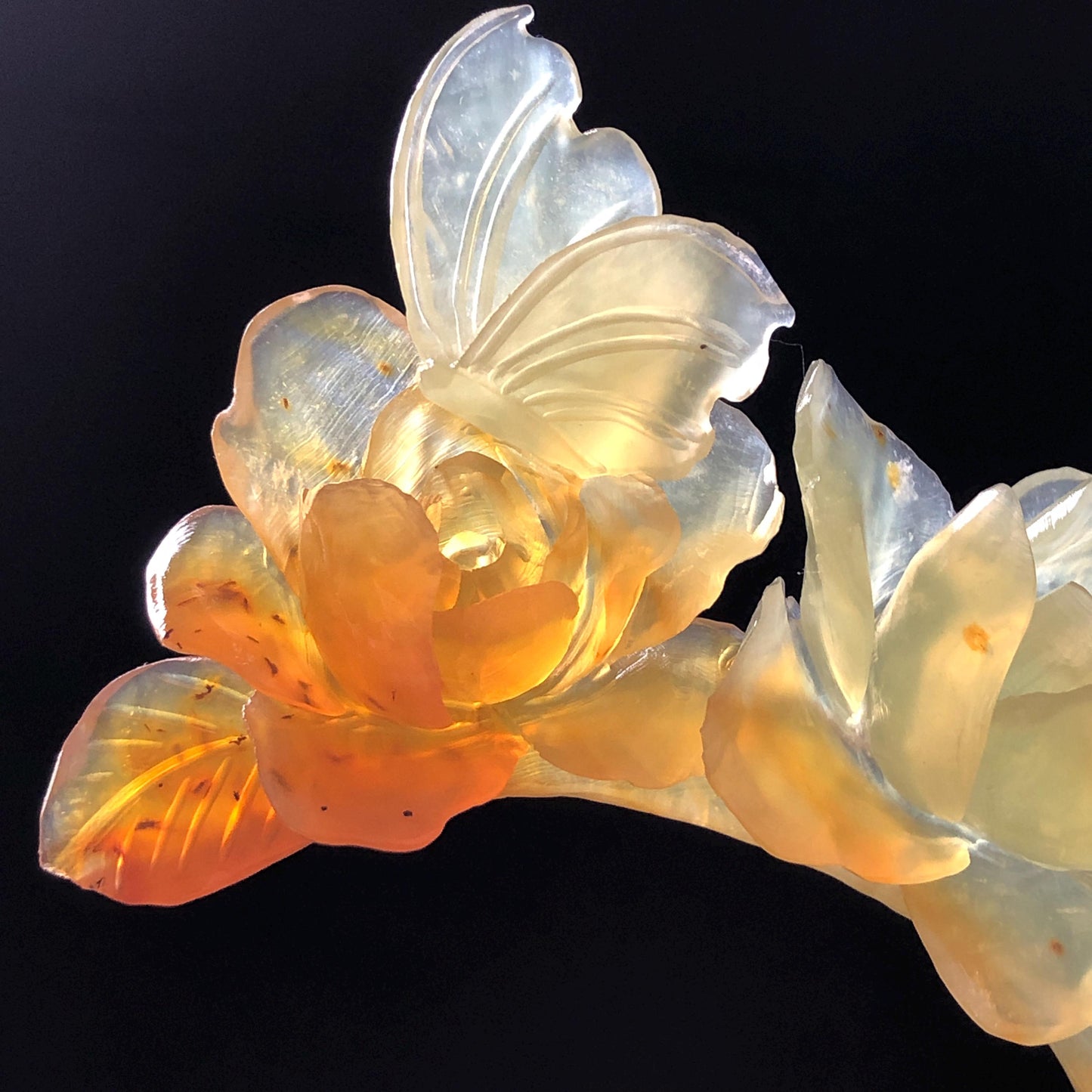 Xiu Jade Serpentine Hand Carved Camellia Flowers & Butterfly Hair Pin: Certified Natural Ice Orange Caramel Yellow Jade Crescent Moon Hair Stick, Hanfu Hair Fork Vintage Bridal Hair Fork Gift for her japanese hairpin korean hair stick chinese hair fork hair comb antique hanfu hair stick bridal shower hair jewelry wedding headpiece bridal shower gift engagement hair accessory jade carving hand engraved jade lotus carving jade hairpins untreated natural jade with certificate butterfly carving