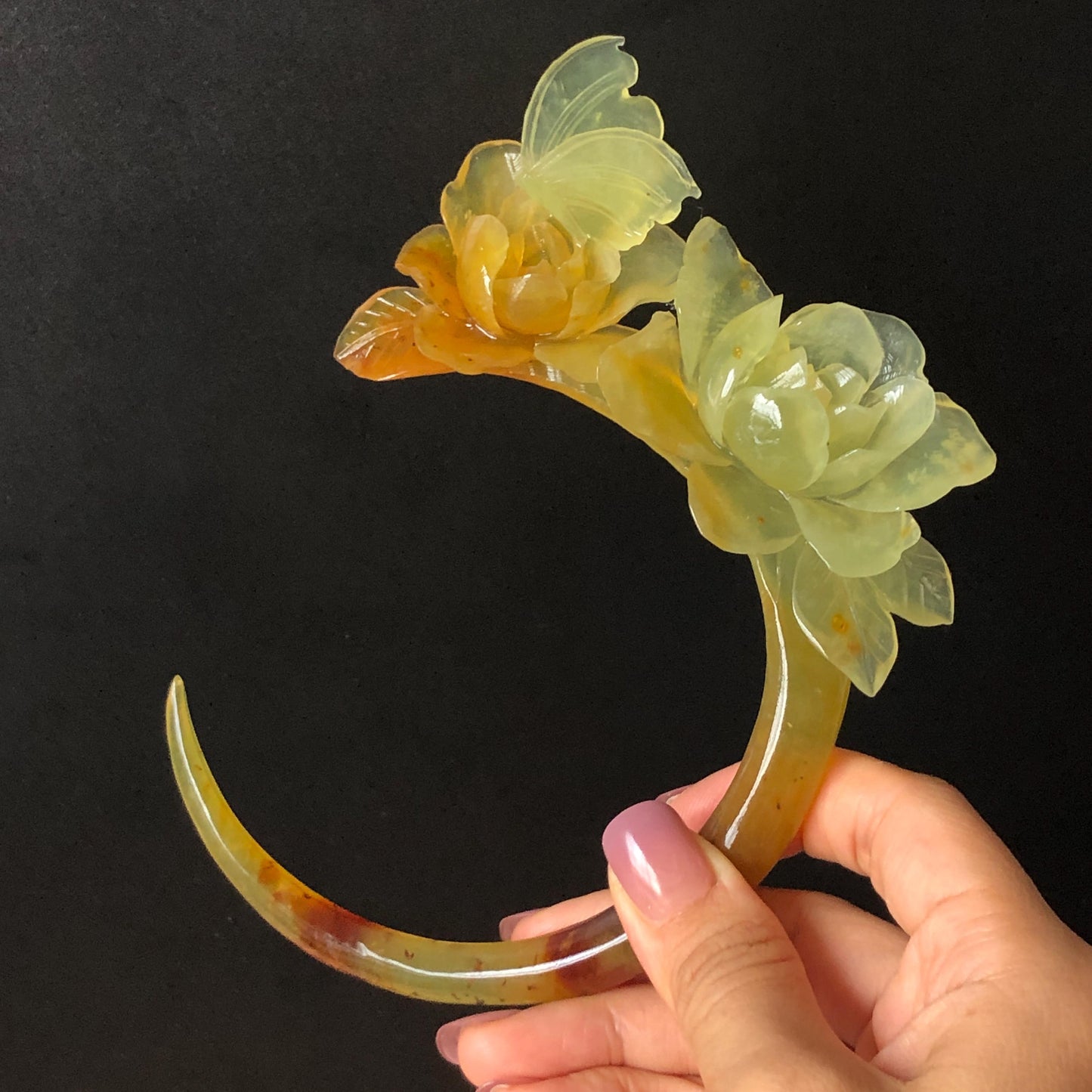 Xiu Jade Serpentine Hand Carved Camellia Flowers & Butterfly Hair Pin: Certified Natural Ice Orange Caramel Yellow Jade Crescent Moon Hair Stick, Hanfu Hair Fork Vintage Bridal Hair Fork Gift for her japanese hairpin korean hair stick chinese hair fork hair comb antique hanfu hair stick bridal shower hair jewelry wedding headpiece bridal shower gift engagement hair accessory jade carving hand engraved jade lotus carving jade hairpins untreated natural jade with certificate butterfly carving