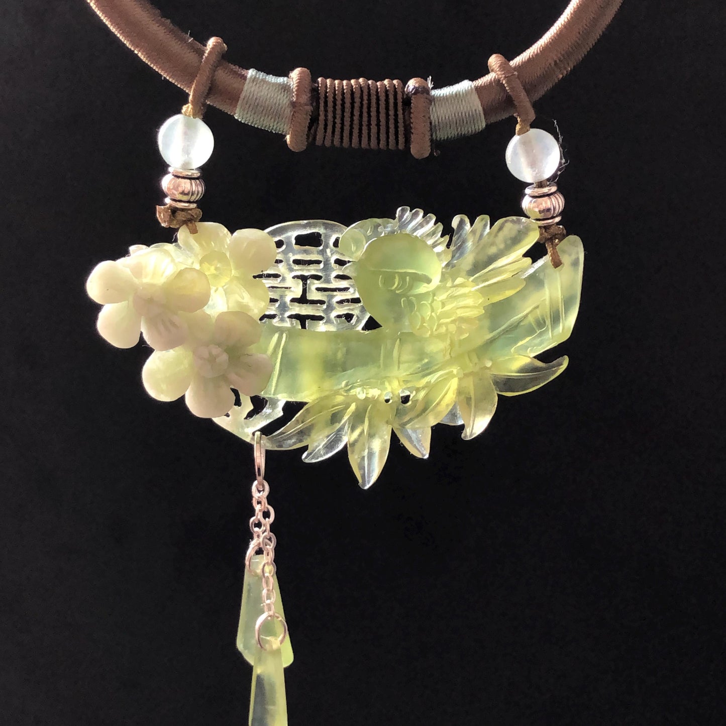 Xiu Jade Serpentine Hand Carved Magpie Bird with Flower and Bamboo Pendant Adjustable Necklace: Certified Natural Green White Jade Charm