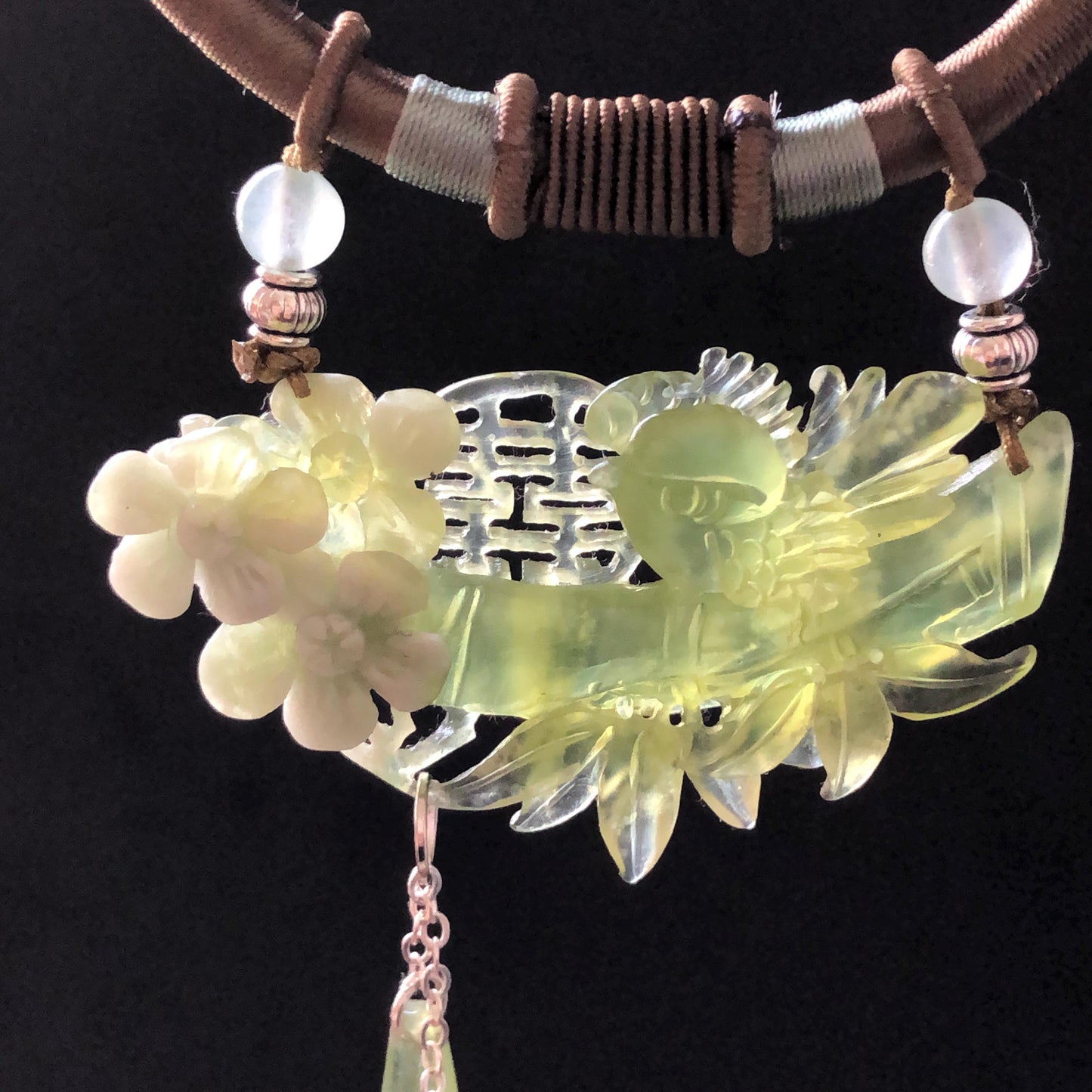 Xiu Jade Serpentine Hand Carved Magpie Bird with Flower and Bamboo Pendant Adjustable Necklace: Certified Natural Green White Jade Charm