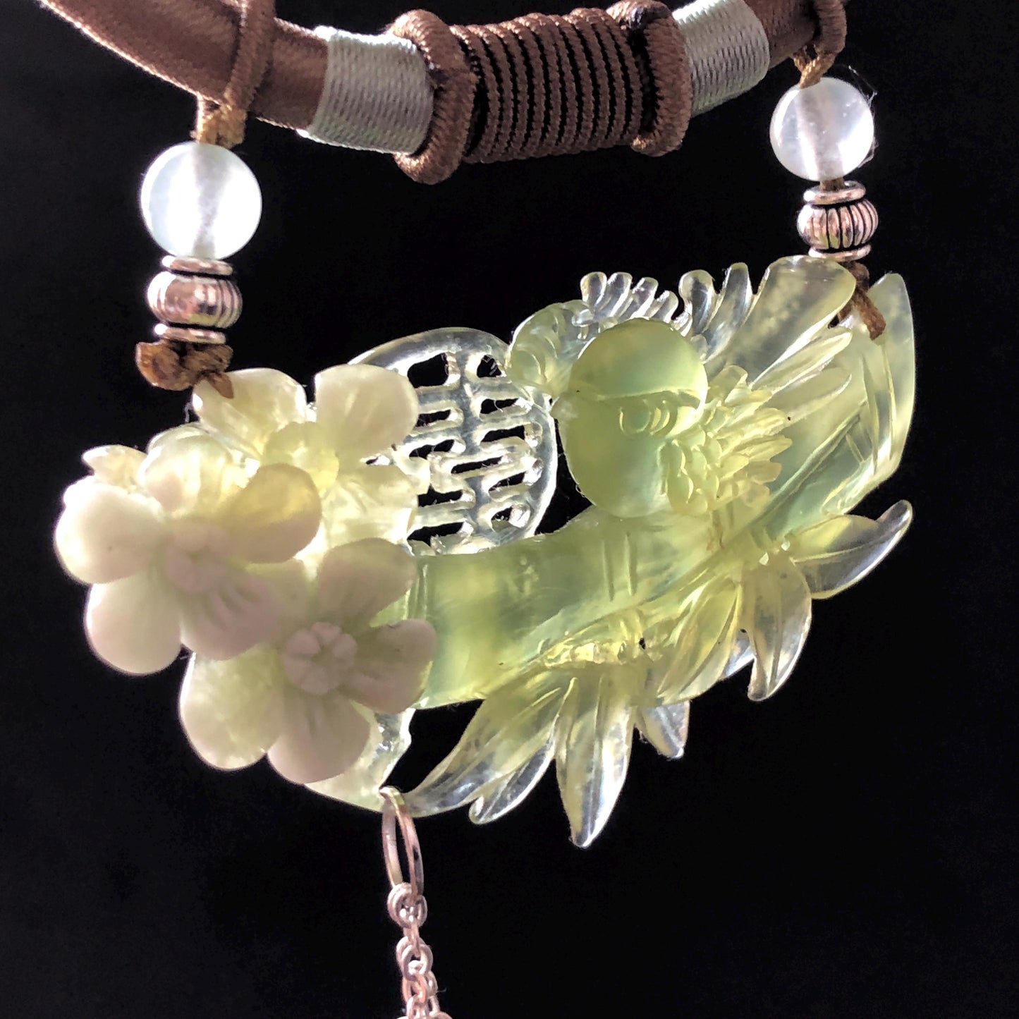 Xiu Jade Serpentine Hand Carved Magpie Bird with Flower and Bamboo Pendant Adjustable Necklace: Certified Natural Green White Jade Charm