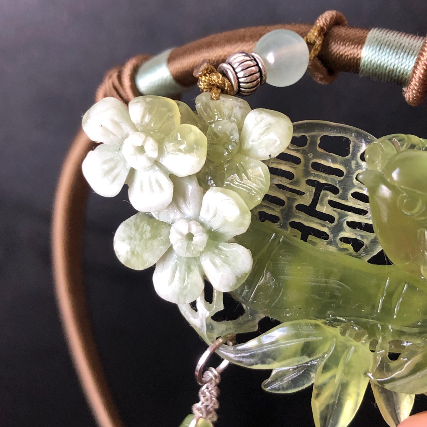 Xiu Jade Serpentine Hand Carved Magpie Bird with Flower and Bamboo Pendant Adjustable Necklace: Certified Natural Green White Jade Charm