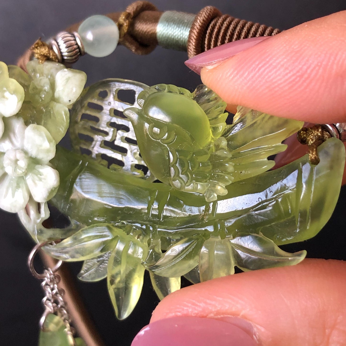 Xiu Jade Serpentine Hand Carved Magpie Bird with Flower and Bamboo Pendant Adjustable Necklace: Certified Natural Green White Jade Charm