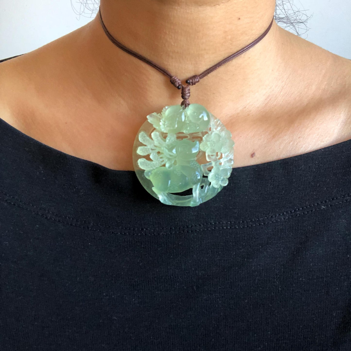 Certified Natural Xiu Jade Serpentine Hand Carved Magpie Birds Deer Flower Pendant Adjustable Necklace | Handcrafted Green Jade Charm Choker Gift for her Chinese Jade Vintage Pendant Antique Charm hand engrvaed jade necklace natural untreated jade with certificate deer carving magpie carving 3D stone carving bird carving plum blossom flower carving deer lover gift charm necklace gemstone carving wedding gift bridal shower gift