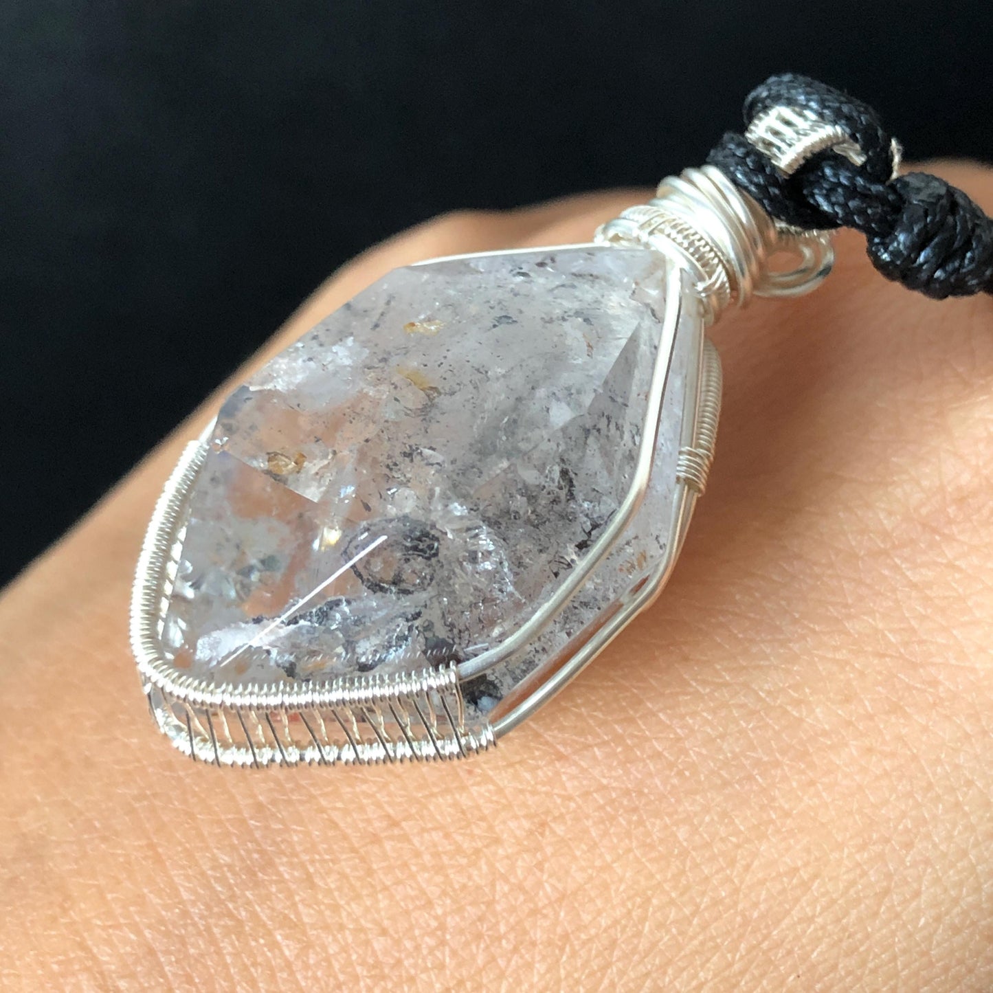 Rare Herkimer Diamond Sterling Silver Pendant Adjustable Necklace | Polished Enhydro Crystal |Big Rainbow! Moving Sand & Mica | Natural Gemstone Birthstone Gift for her | Rainbow Quartz Rainbow crystal enhydro quartz sand water-fall pendant necklace choker gemstone charm stone pendant choker polished stone pendant crystal charm birthstone gift for her men necklace chakra crystal purify stone minerals specimen adjustable choker mica quartz mica flakes silver wire wrapped pendant