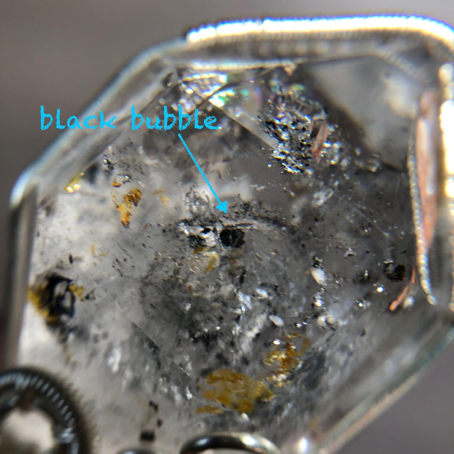 Rare Herkimer Diamond Sterling Silver Pendant Adjustable Necklace | Polished Enhydro Crystal |Big Rainbow! Moving Sand & Mica | Natural Gemstone Birthstone Gift for her | Rainbow Quartz Rainbow crystal enhydro quartz sand water-fall pendant necklace choker gemstone charm stone pendant choker polished stone pendant crystal charm birthstone gift for her men necklace chakra crystal purify stone minerals specimen adjustable choker mica quartz mica flakes silver wire wrapped pendant