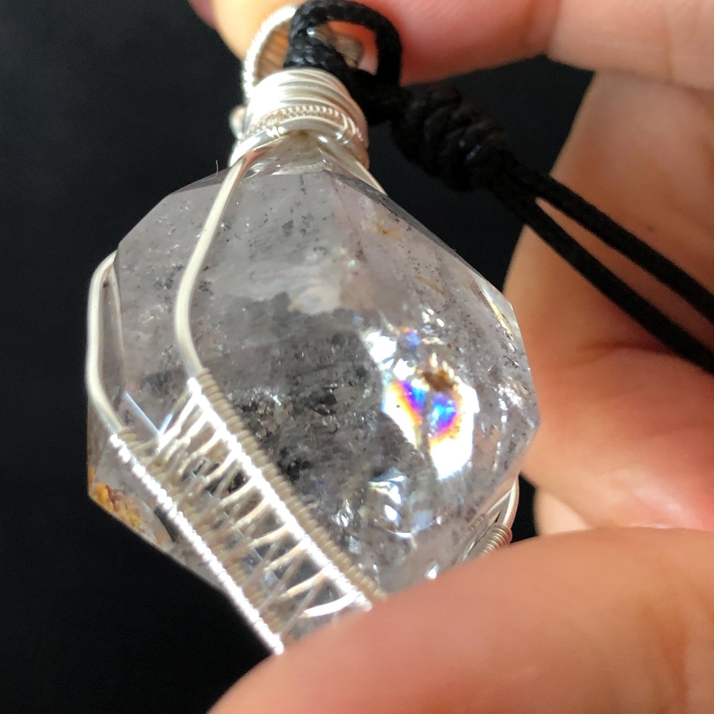 Rare Herkimer Diamond Sterling Silver Pendant Adjustable Necklace | Polished Enhydro Crystal |Big Rainbow! Moving Sand & Mica | Natural Gemstone Birthstone Gift for her | Rainbow Quartz Rainbow crystal enhydro quartz sand water-fall pendant necklace choker gemstone charm stone pendant choker polished stone pendant crystal charm birthstone gift for her men necklace chakra crystal purify stone minerals specimen adjustable choker mica quartz mica flakes silver wire wrapped pendant