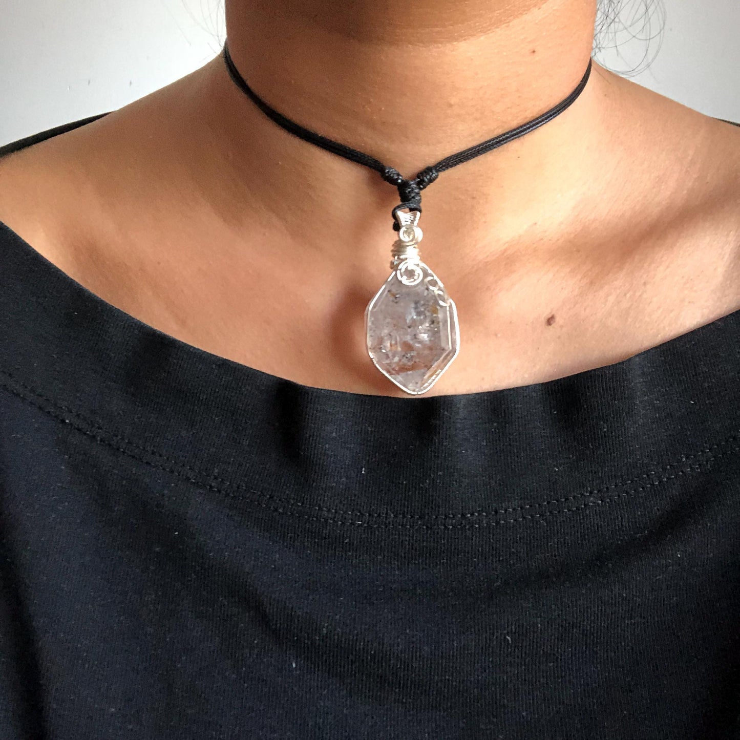 Rare Herkimer Diamond Sterling Silver Pendant Adjustable Necklace | Polished Enhydro Crystal |Big Rainbow! Moving Sand & Mica | Natural Gemstone Birthstone Gift for her | Rainbow Quartz Rainbow crystal enhydro quartz sand water-fall pendant necklace choker gemstone charm stone pendant choker polished stone pendant crystal charm birthstone gift for her men necklace chakra crystal purify stone minerals specimen adjustable choker mica quartz mica flakes silver wire wrapped pendant