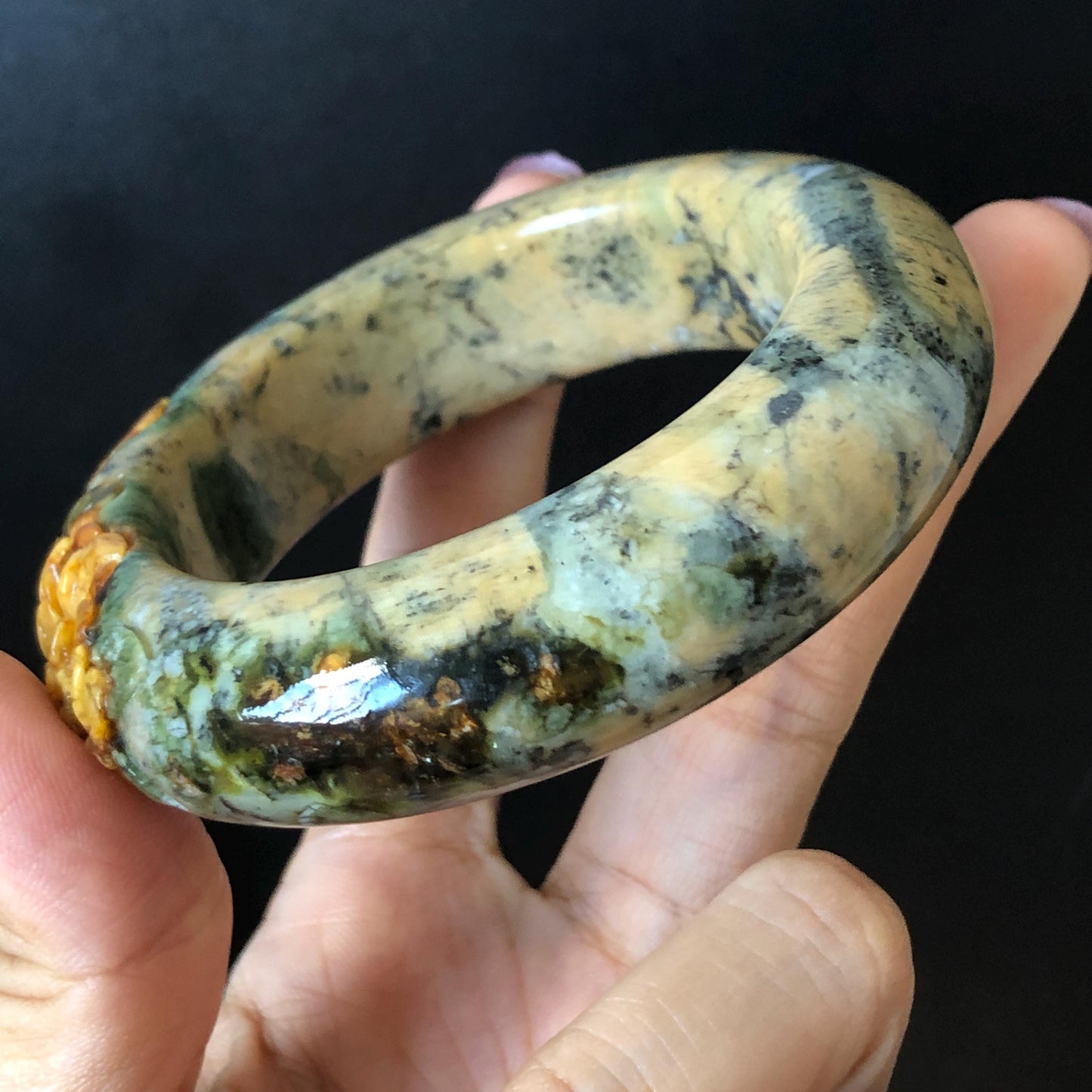 54.7mm Xiu Jade Serpentine Hand Carved Peony Flowers Bangle: Natural Brown Yellow Green Jade Handcrafted Bracelet, Stone Carving Gemstone Jewelry Gift for her wide jade bangle jade carving hand engraved stone carving natural untreated jade bracelet green jade yellow jade brown jade handcraft jade peony carving flower carving chinese jade vintage bangle antique bracelet