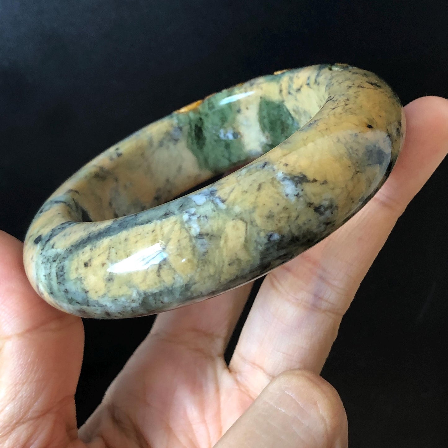 54.7mm Xiu Jade Serpentine Hand Carved Peony Flowers Bangle: Natural Brown Yellow Green Jade Handcrafted Bracelet, Stone Carving Gemstone Jewelry Gift for her wide jade bangle jade carving hand engraved stone carving natural untreated jade bracelet green jade yellow jade brown jade handcraft jade peony carving flower carving chinese jade vintage bangle antique bracelet