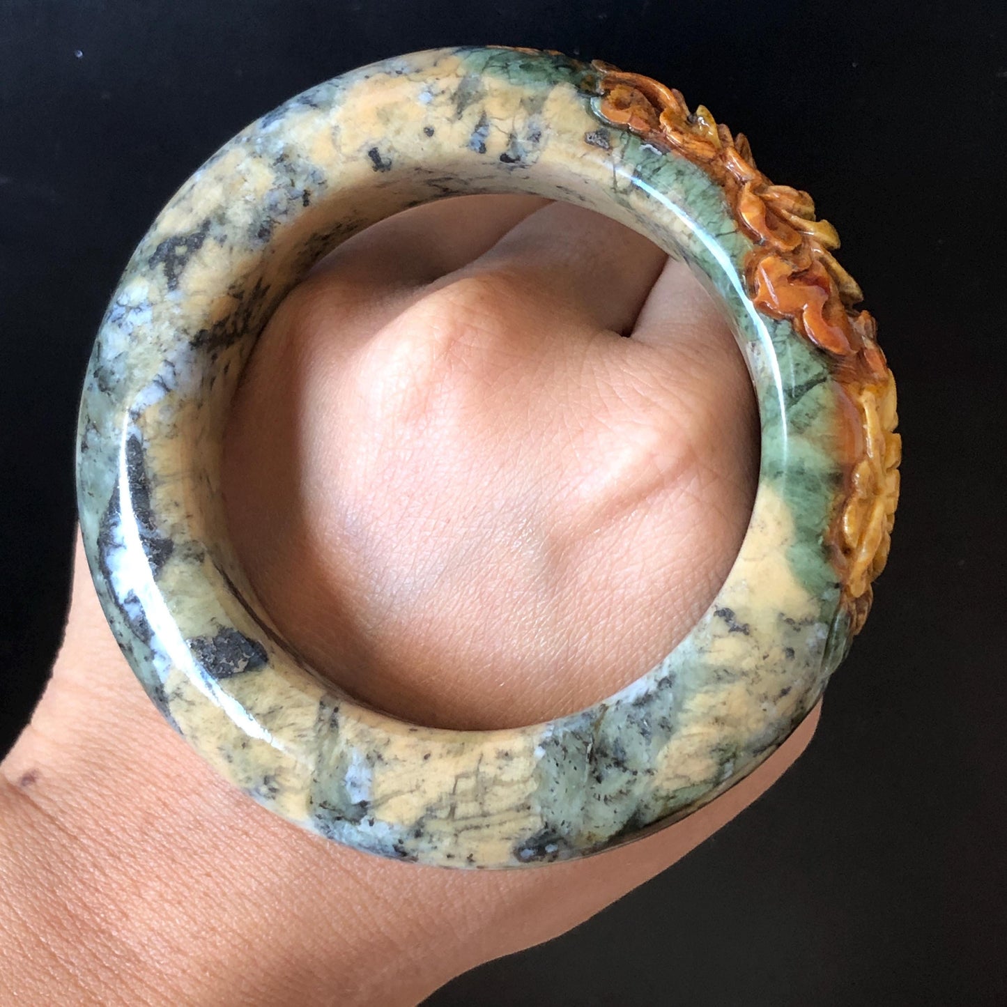 54.7mm Xiu Jade Serpentine Hand Carved Peony Flowers Bangle: Natural Brown Yellow Green Jade Handcrafted Bracelet, Stone Carving Gemstone Jewelry Gift for her wide jade bangle jade carving hand engraved stone carving natural untreated jade bracelet green jade yellow jade brown jade handcraft jade peony carving flower carving chinese jade vintage bangle antique bracelet