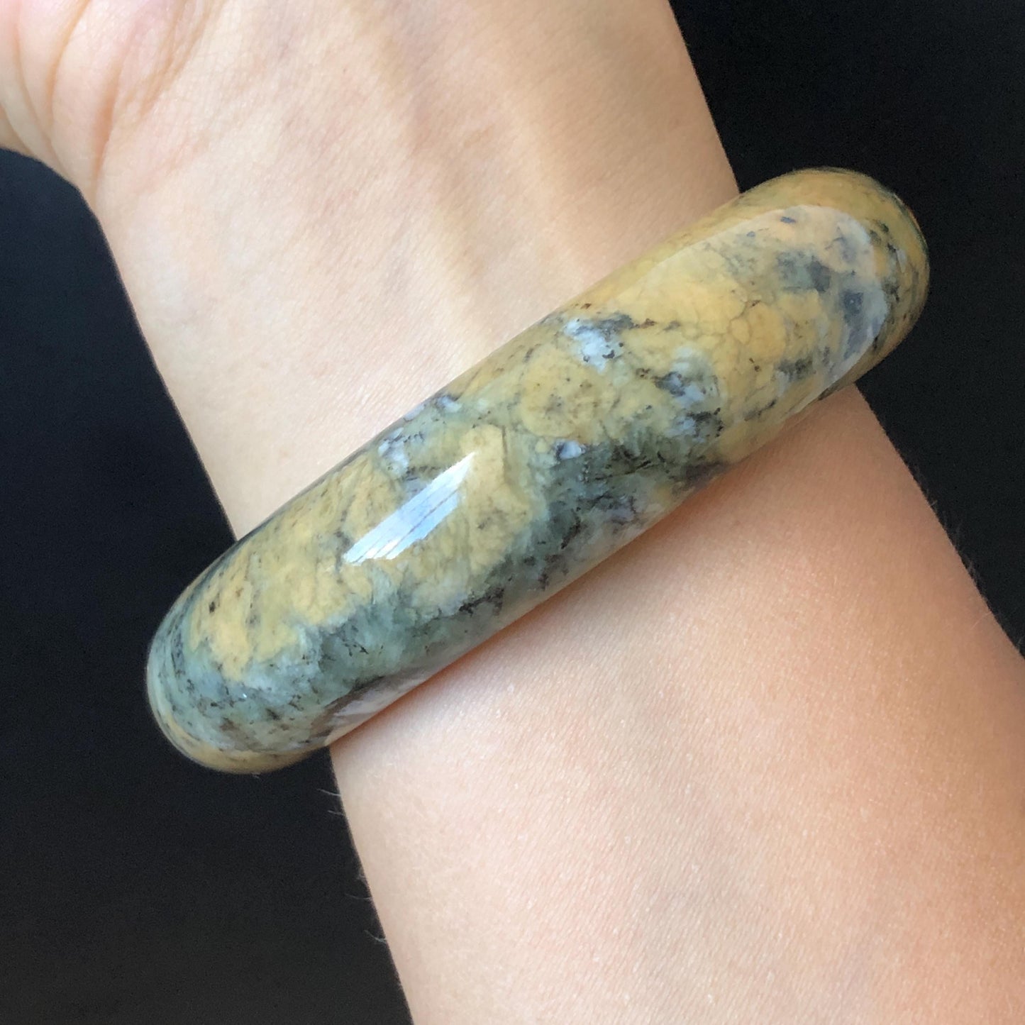 54.7mm Xiu Jade Serpentine Hand Carved Peony Flowers Bangle: Natural Brown Yellow Green Jade Handcrafted Bracelet, Stone Carving Gemstone Jewelry Gift for her wide jade bangle jade carving hand engraved stone carving natural untreated jade bracelet green jade yellow jade brown jade handcraft jade peony carving flower carving chinese jade vintage bangle antique bracelet
