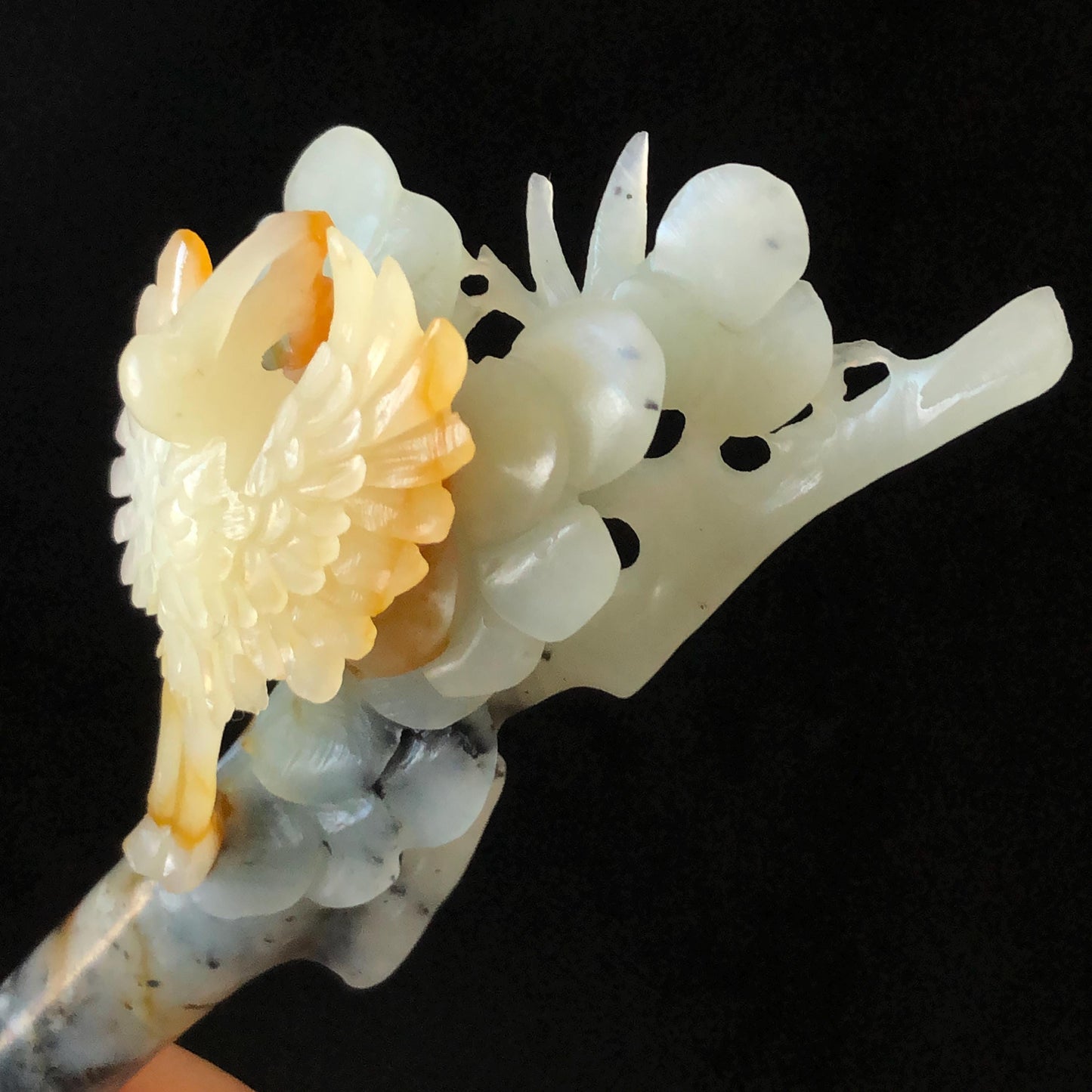 CXiu Jade Serpentine Hand Carved Crane Bird, Pine Tree & Sun Hair Pin: Certified Natural Gray Red White Jade Hair Stick, Vintage Antique Hair Jewelry | Asian Chinese Vintage Gift for her, white jade carving red jade black jade bird carving flower carving hand carved flower hand engraved bird certificate jade certified natural untreated jade korean hairpin japanese hair stick chinese hair comb vinatge hair fork bridal hair clip wedding hair pin engagement hair stick crane carving