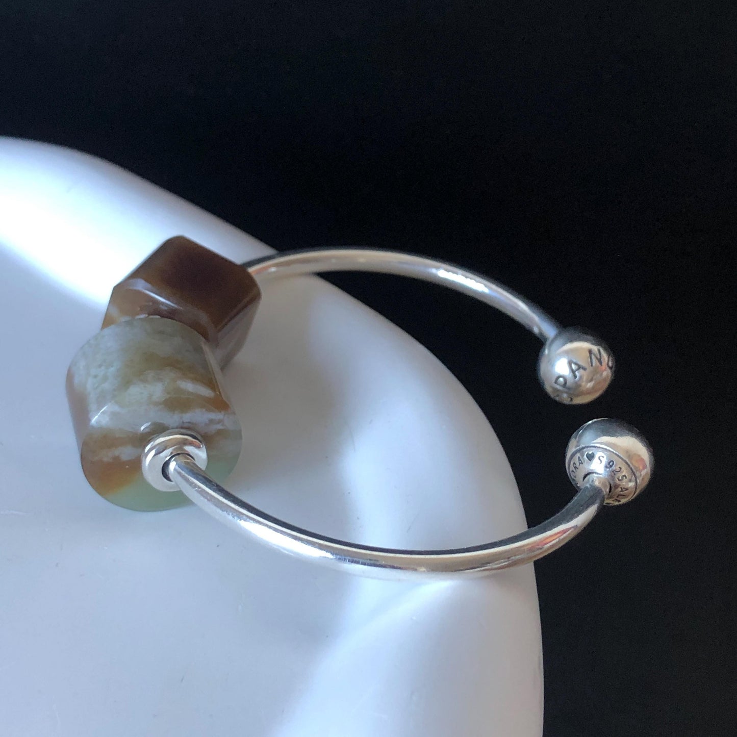 Natural Nephrite Jade Bead S925 Silver Flexible Open Bangle | Untreated White Jade Brown Jade Charm Bracelet Gift | Milk Coffee Latte Beads Pandora Bangle Pandora Bracelet Big Beaded Bracelet Jade Bead Bangle S925 Silver Bracelet Silver Bangle Chinese Jade Vintage Bangle Antique Bracelet Gift for her Flexible Bangle with movable end caps brown jade white jade