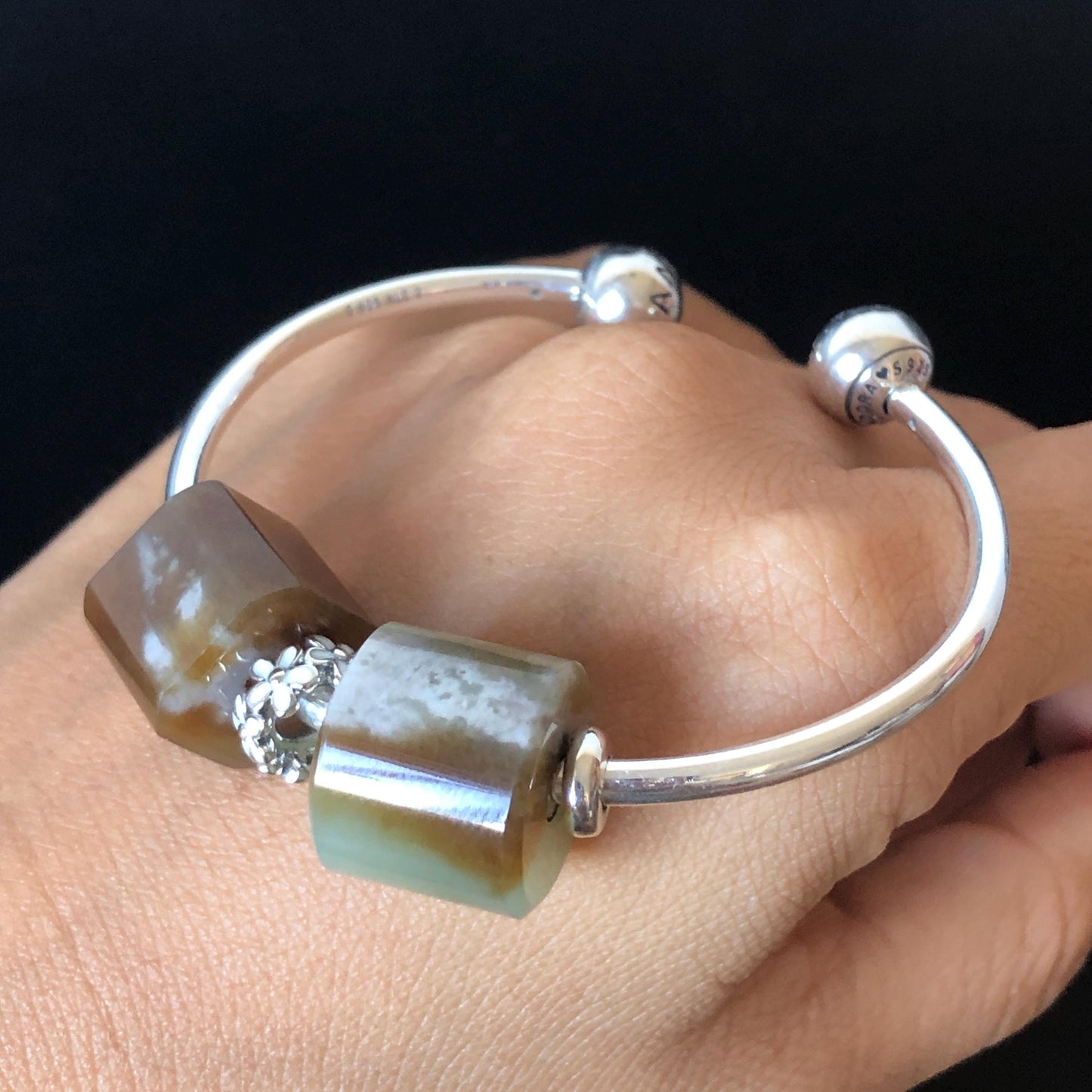 Natural Nephrite Jade Bead S925 Silver Flexible Open Bangle | Untreated White Jade Brown Jade Charm Bracelet Gift | Milk Coffee Latte Beads Pandora Bangle Pandora Bracelet Big Beaded Bracelet Jade Bead Bangle S925 Silver Bracelet Silver Bangle Chinese Jade Vintage Bangle Antique Bracelet Gift for her Flexible Bangle with movable end caps brown jade white jade